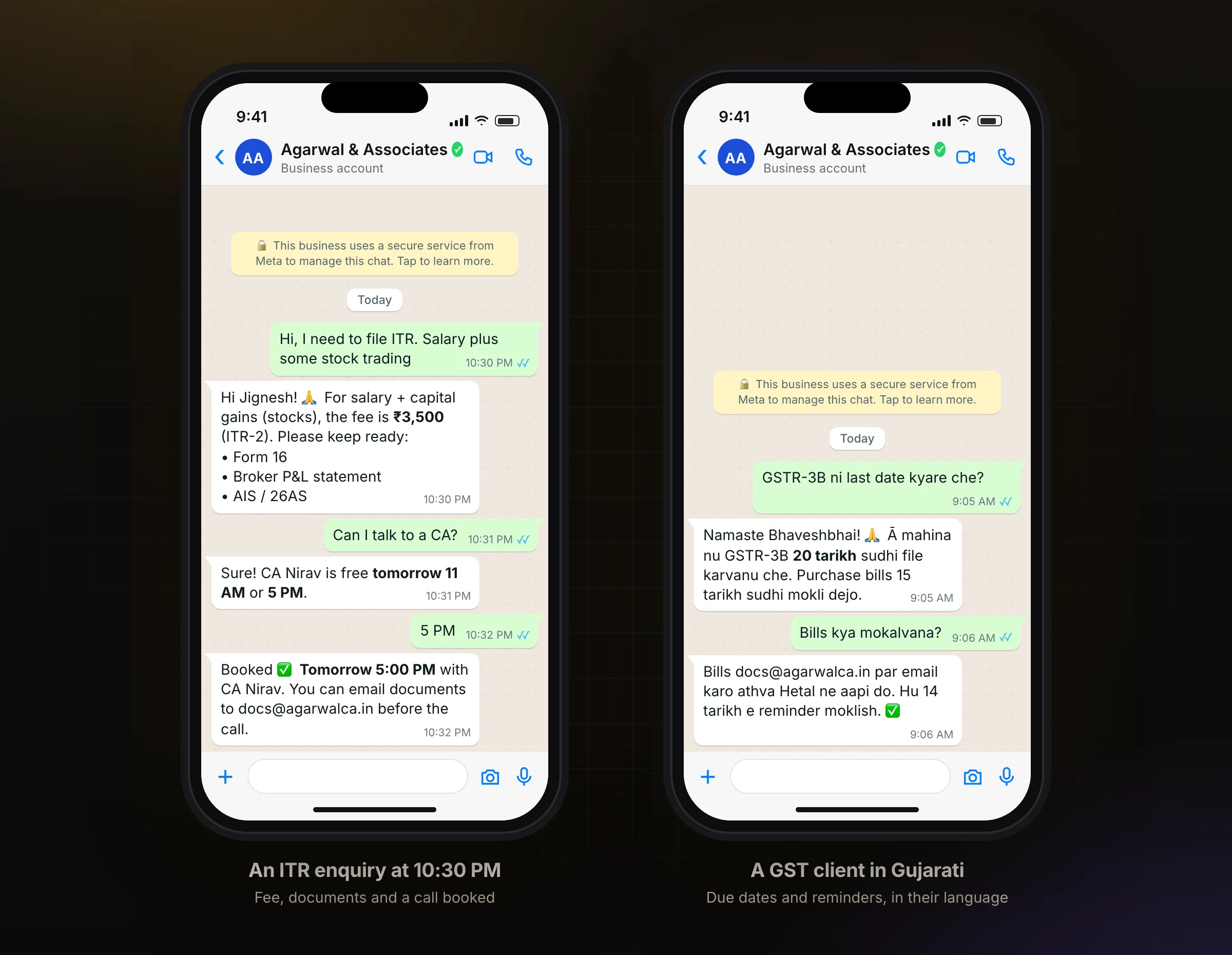 An ITR enquiry on WhatsApp, and a GST due-date question in Gujarati