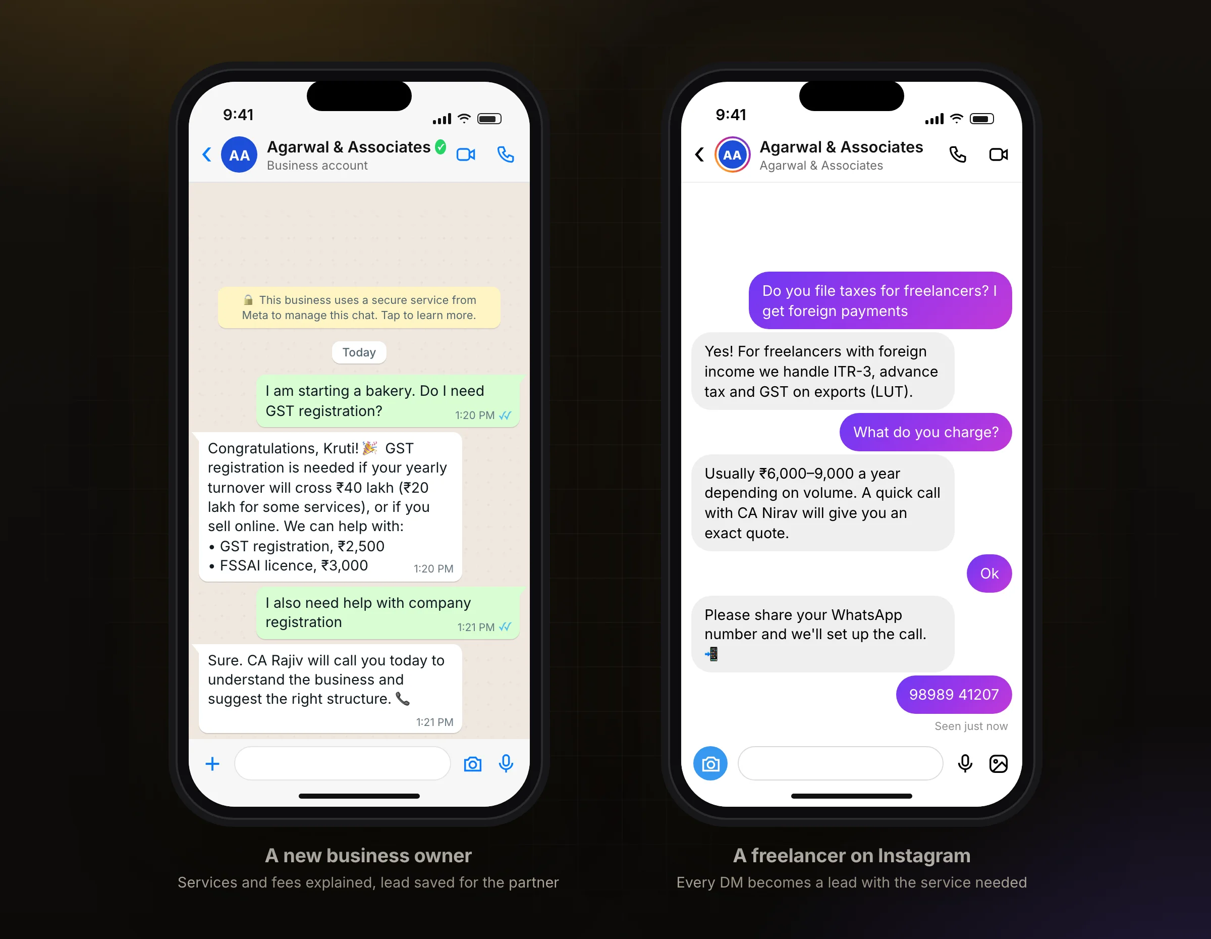 A new business owner asking about GST registration, and a freelancer on Instagram