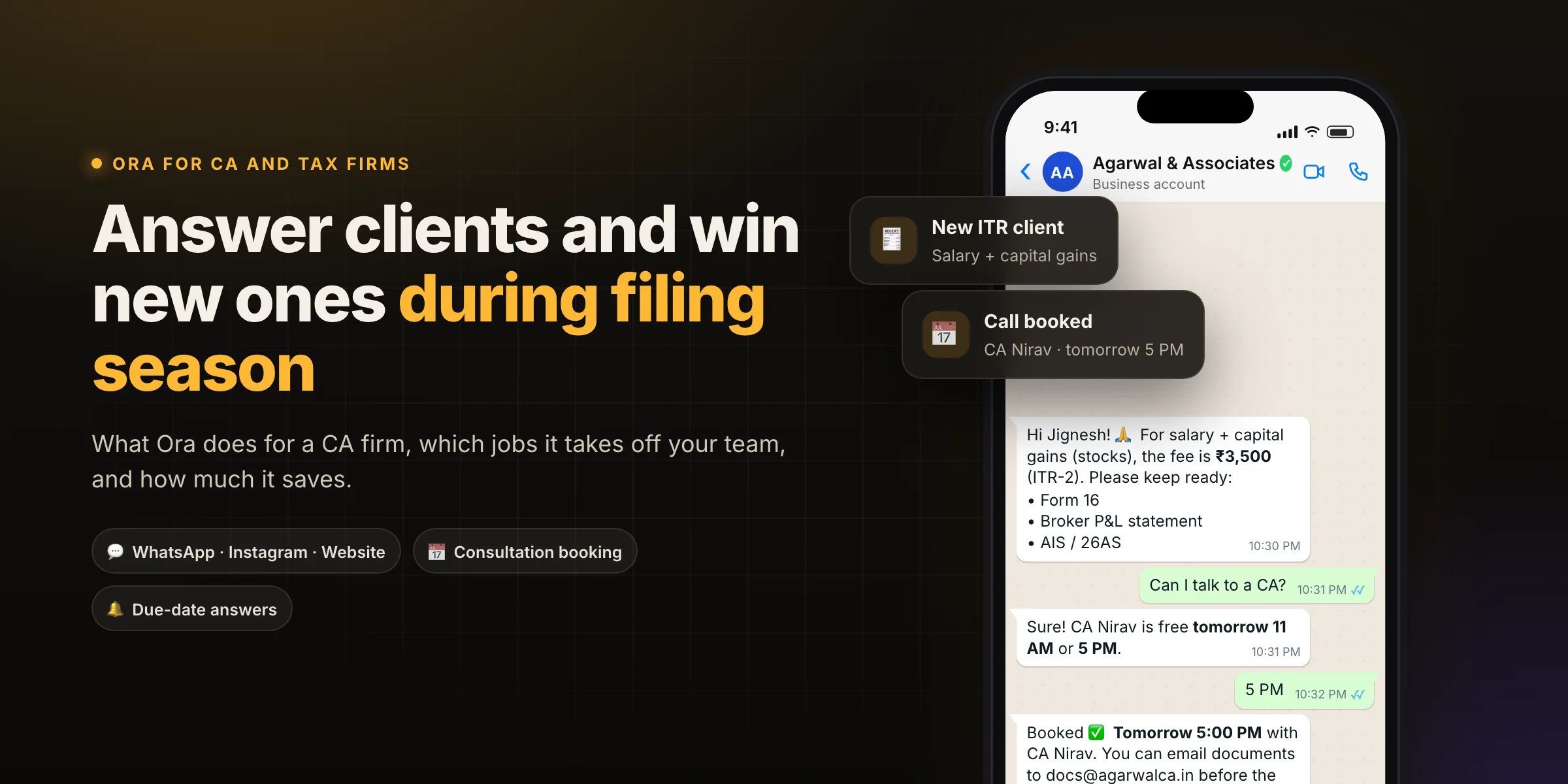 Ora quoting an ITR filing fee and booking a call on WhatsApp