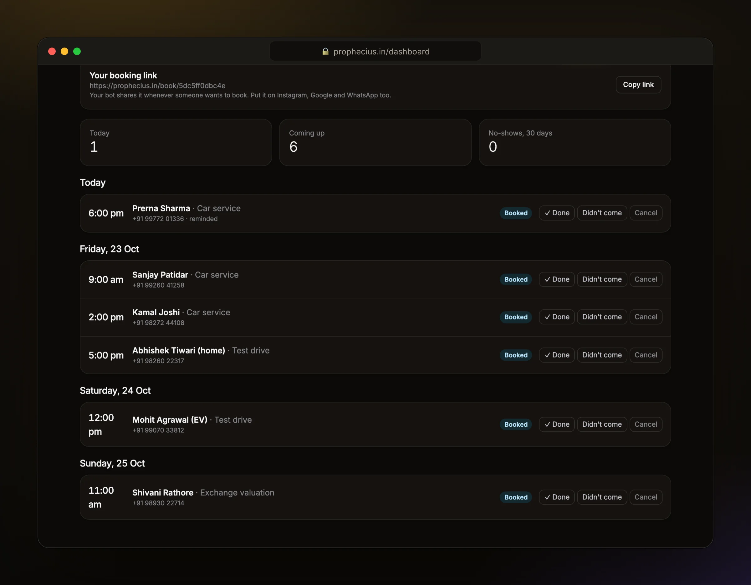 The Ora Bookings page with test drives and services
