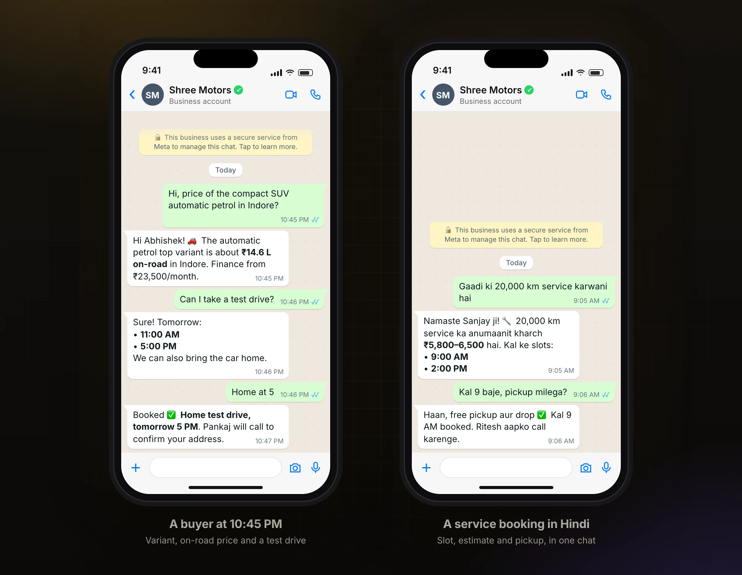 An on-road price and test drive on WhatsApp, and a service booking in Hindi