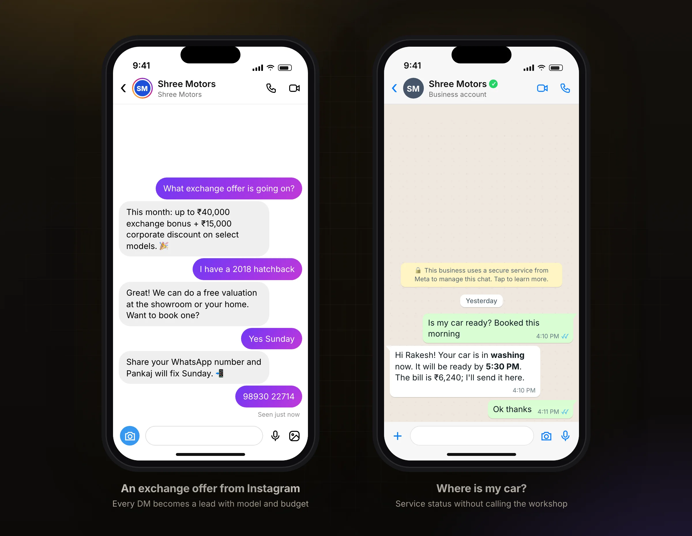 An exchange offer enquiry on Instagram, and a service status update on WhatsApp