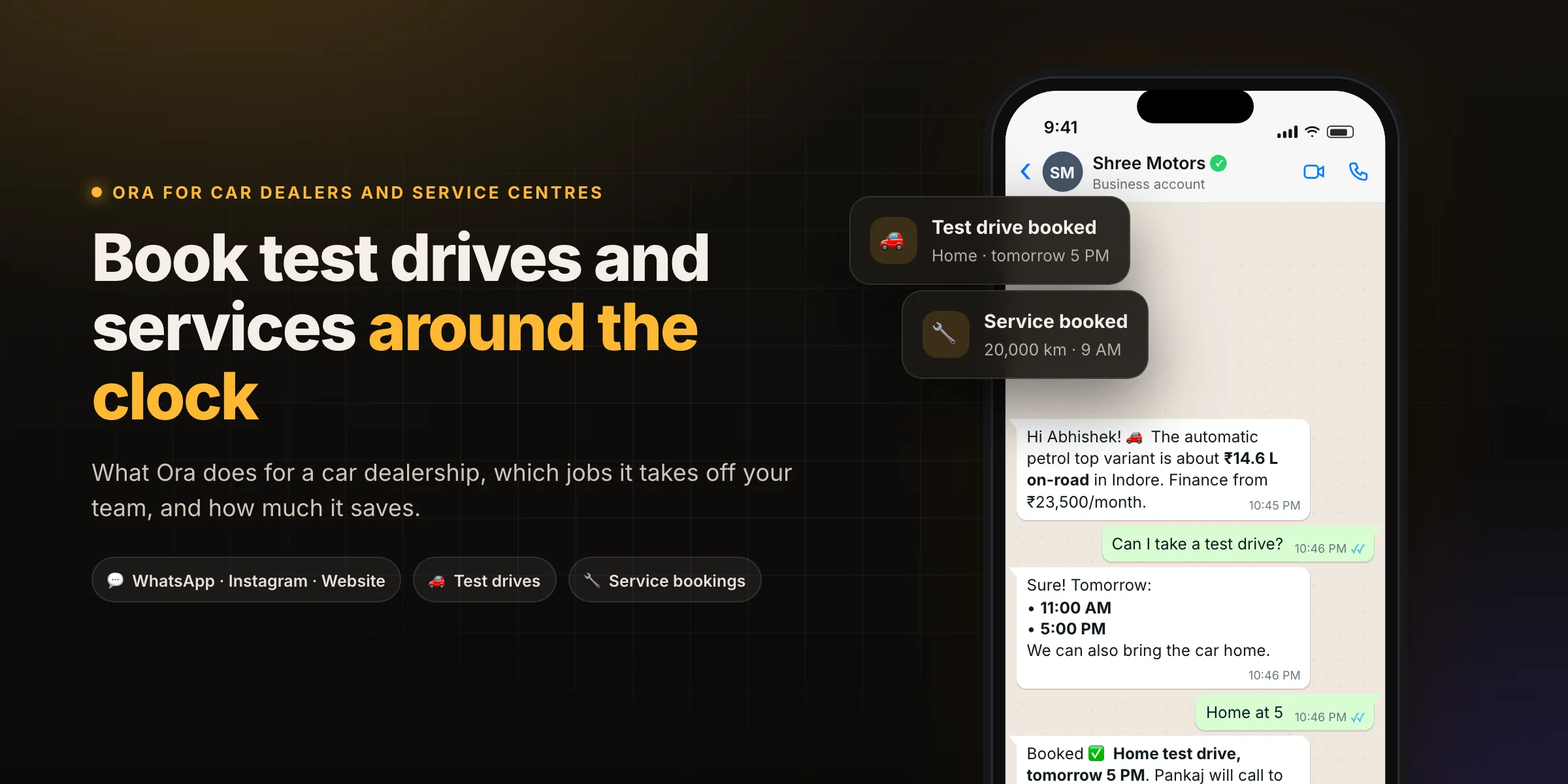 Ora booking a home test drive on WhatsApp at night
