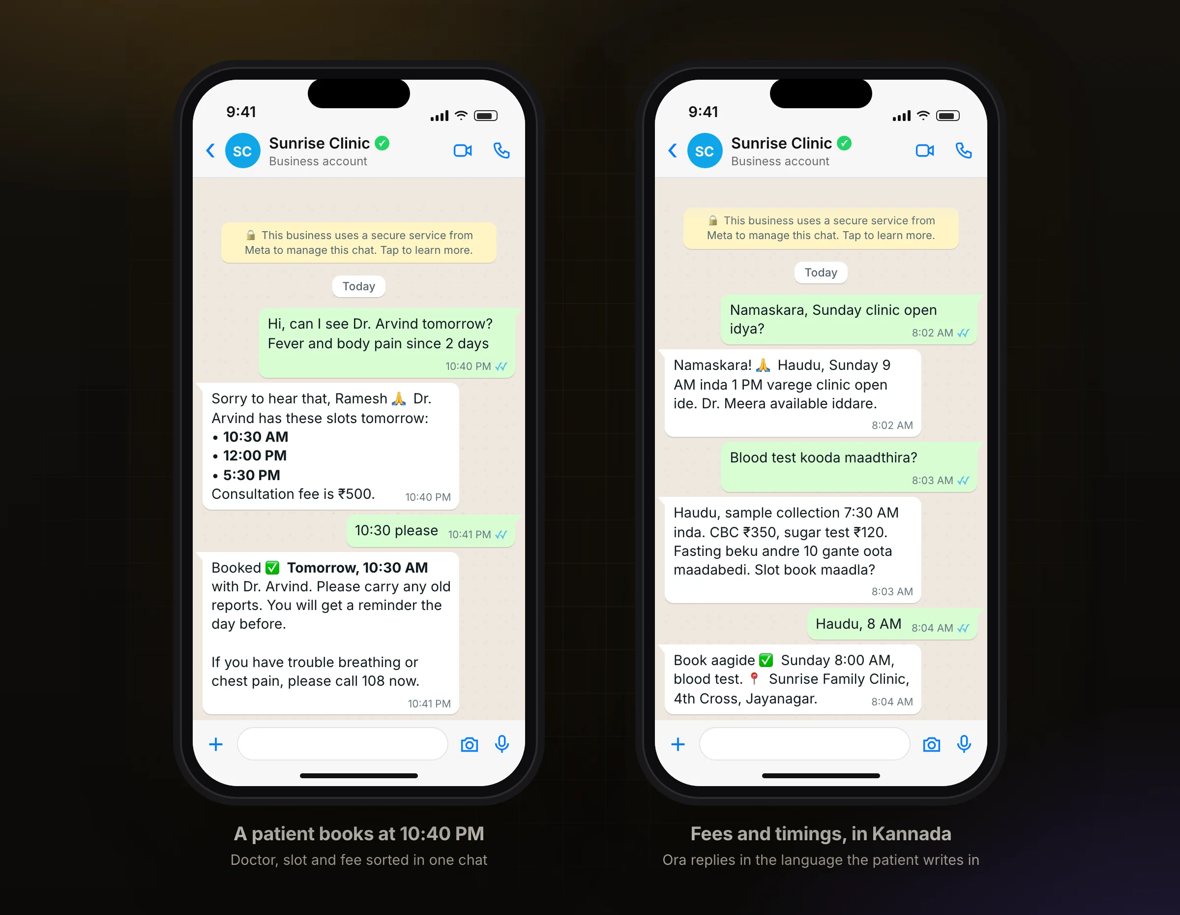 Two WhatsApp chats: a patient booking at night, and a Kannada chat about Sunday timings and a blood test