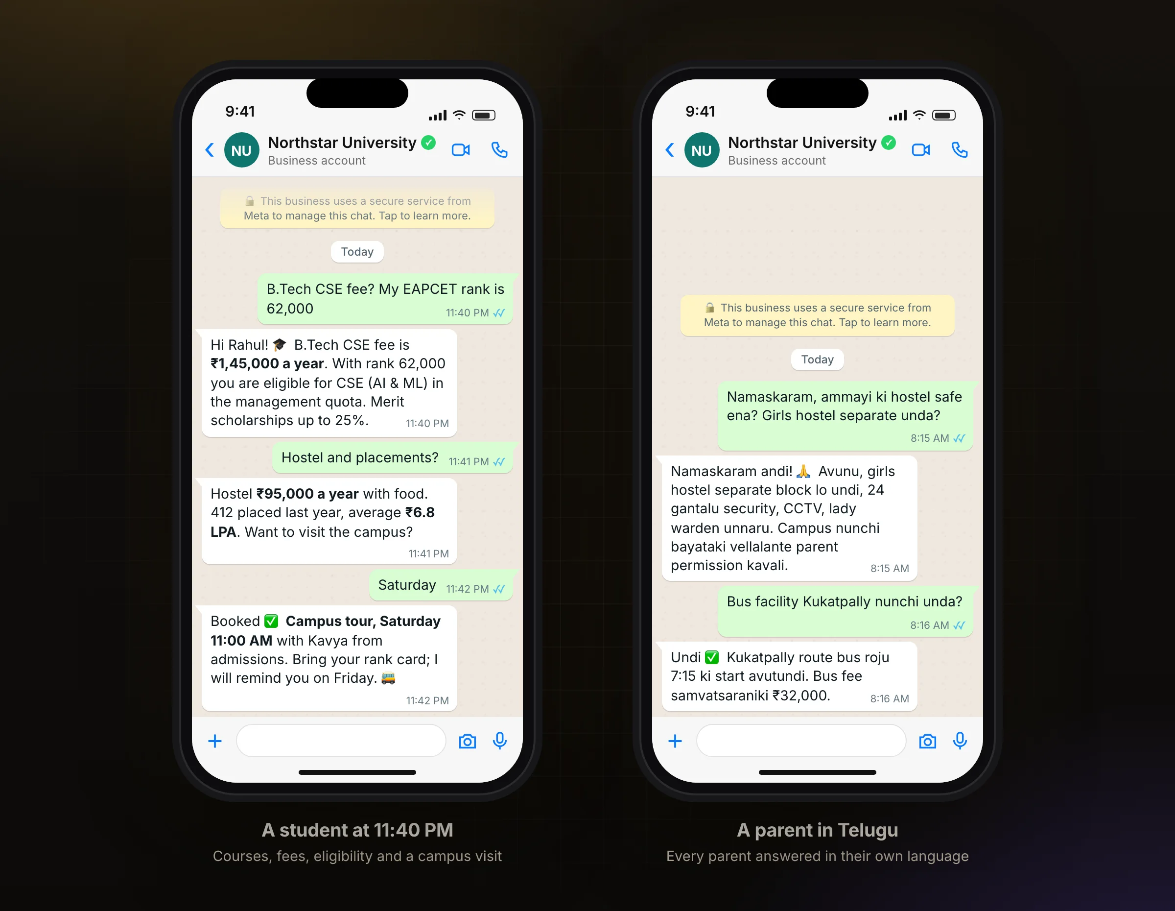 A B.Tech admission enquiry on WhatsApp, and a parent asking about the girls hostel in Telugu