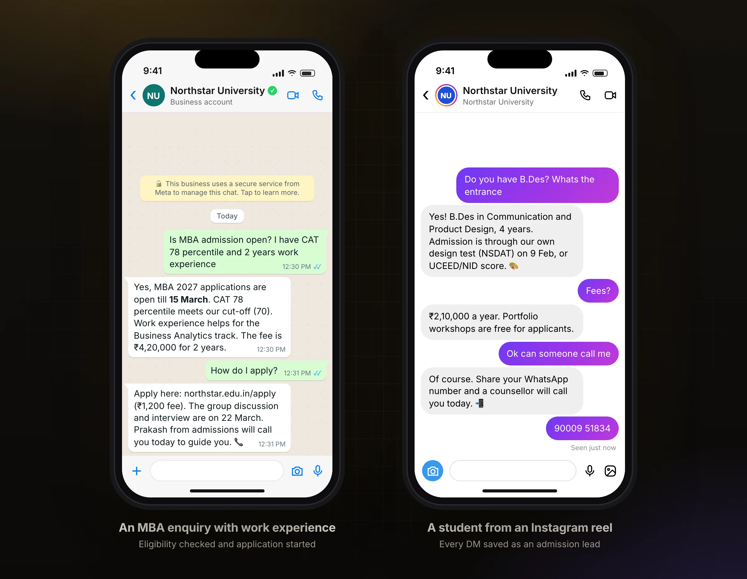 An MBA enquiry on WhatsApp, and a design student asking on Instagram
