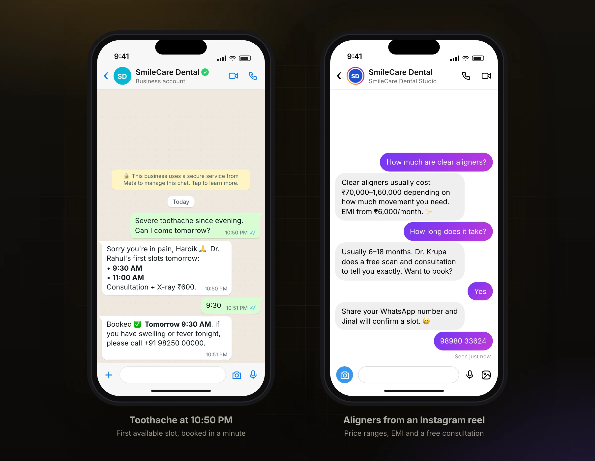 A toothache booking on WhatsApp, and an aligner enquiry on Instagram