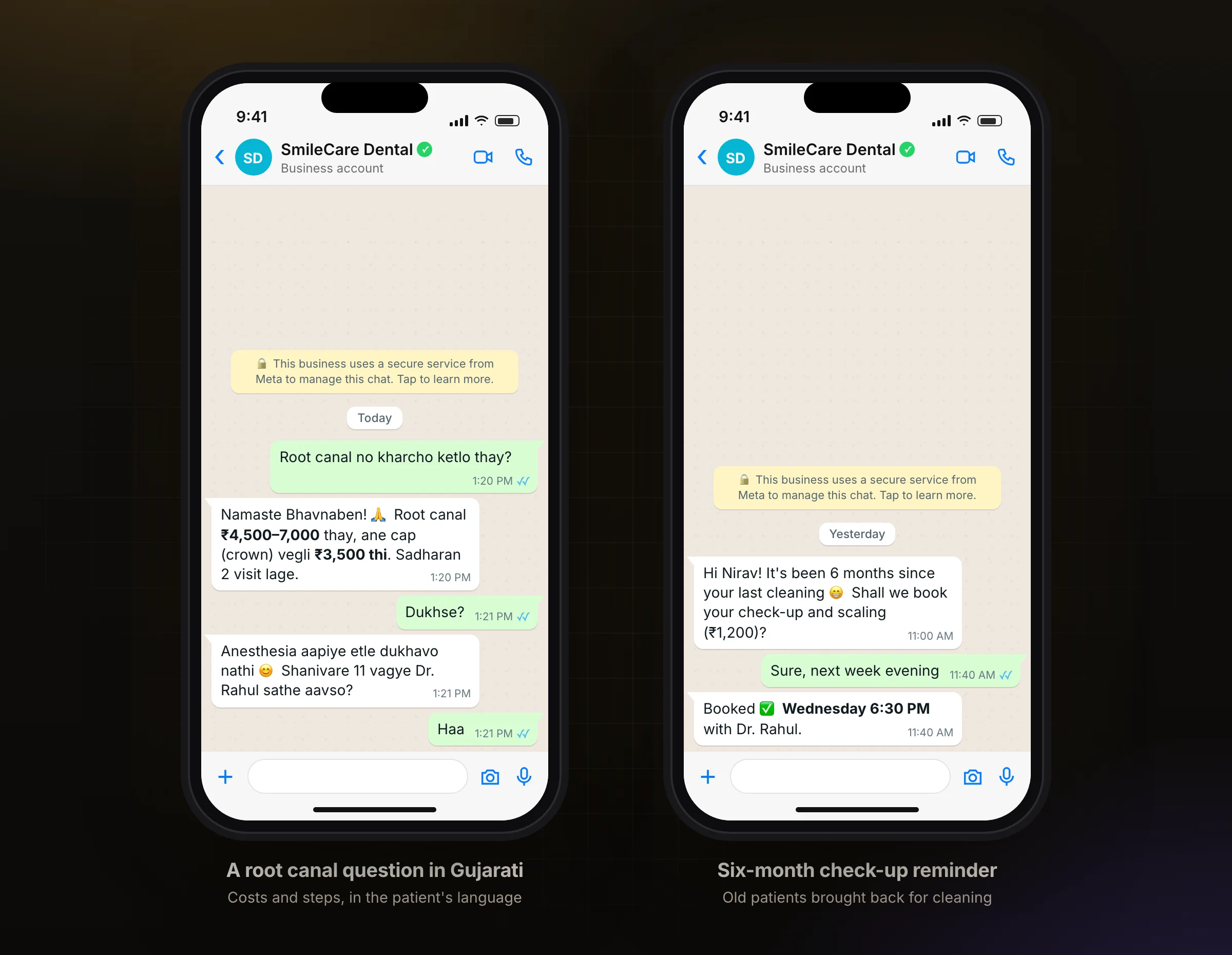 A root canal question in Gujarati, and a six-month recall on WhatsApp