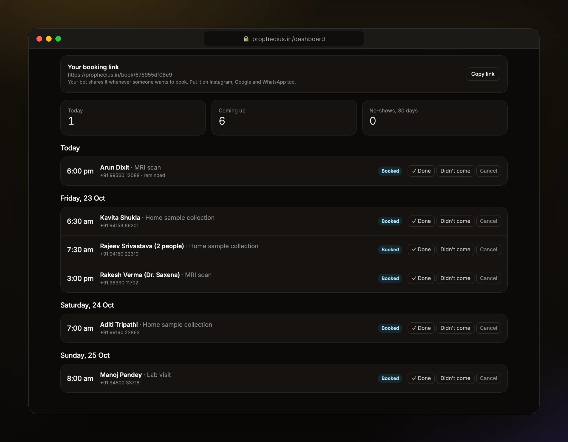The Ora Bookings page with home collections and scans