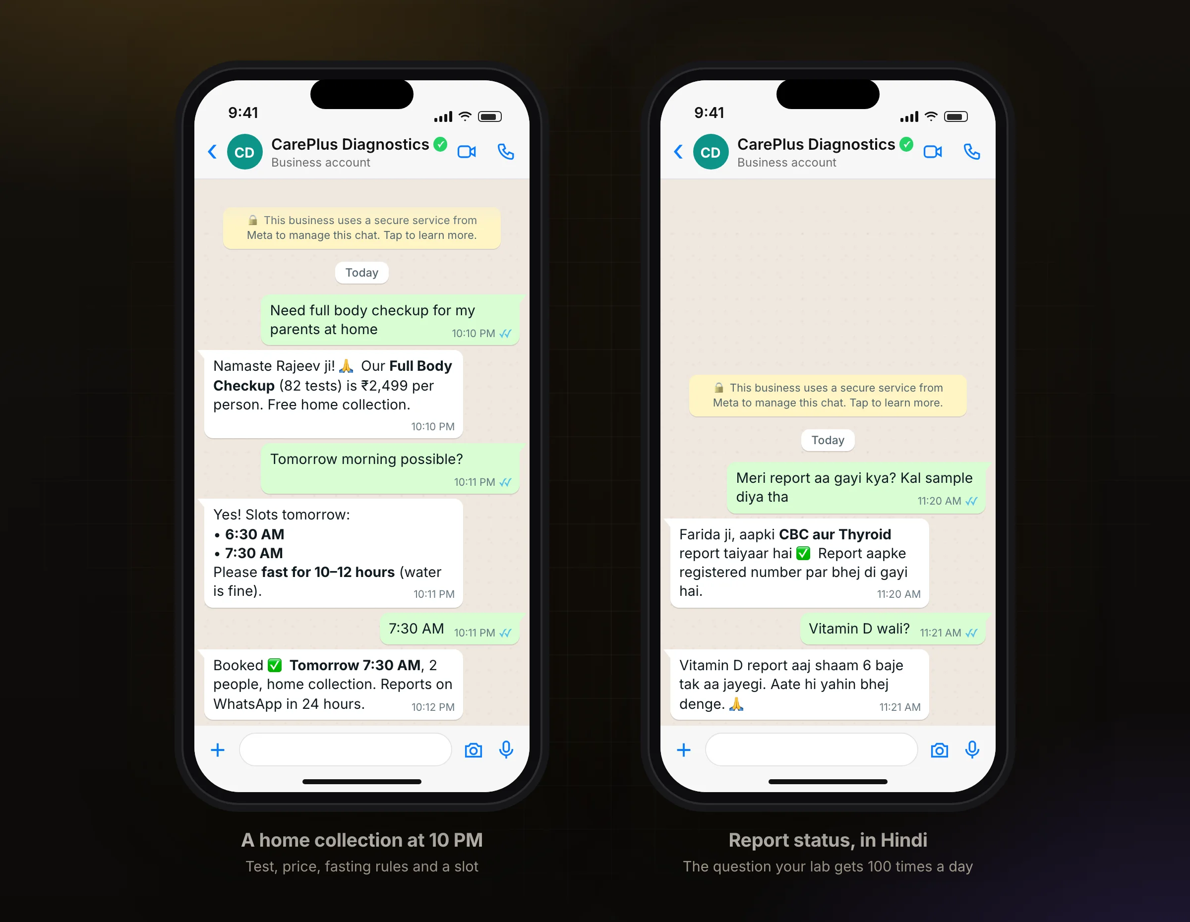 A home collection booking on WhatsApp, and a report status question in Hindi