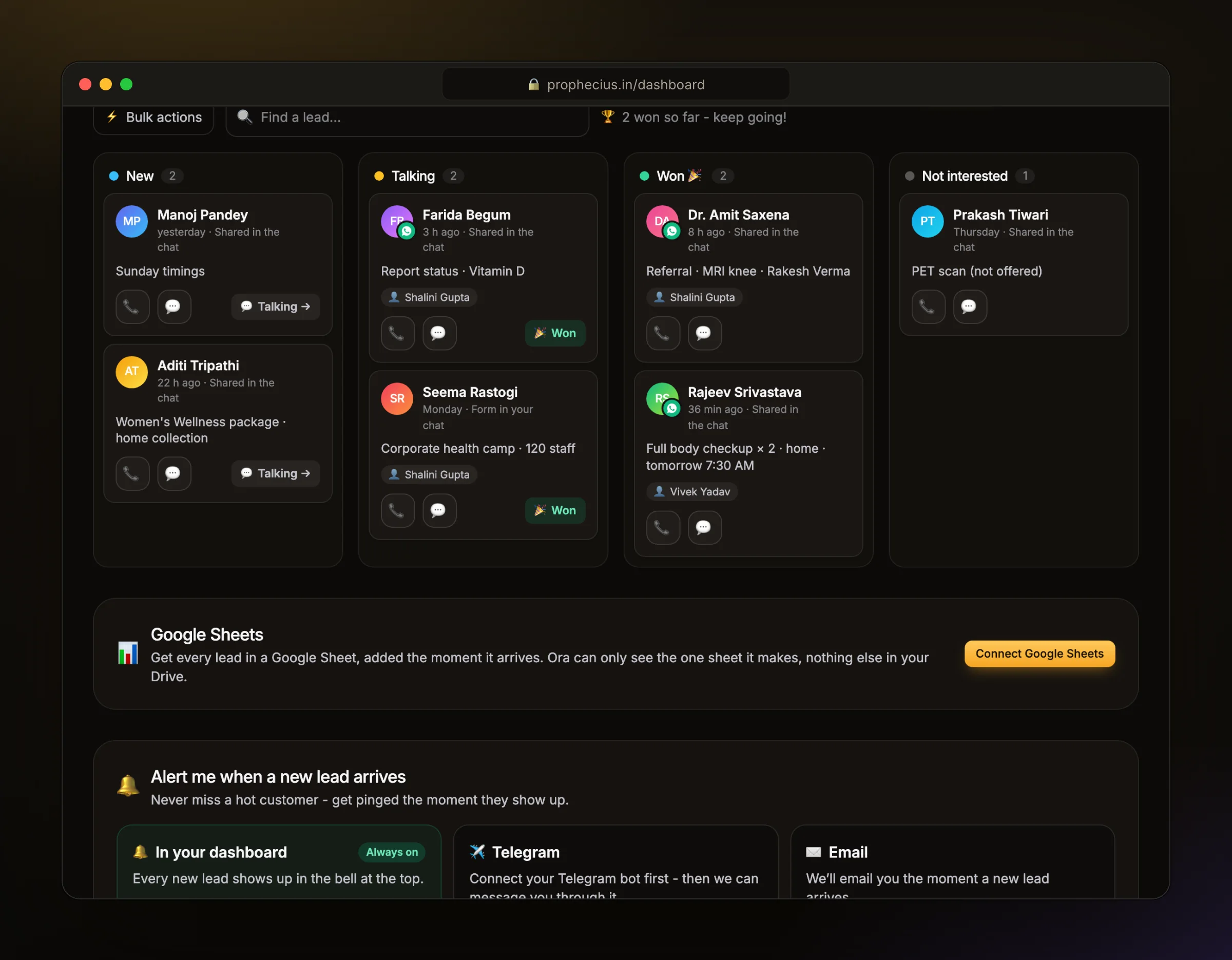The Ora Leads board with lab bookings and referrals