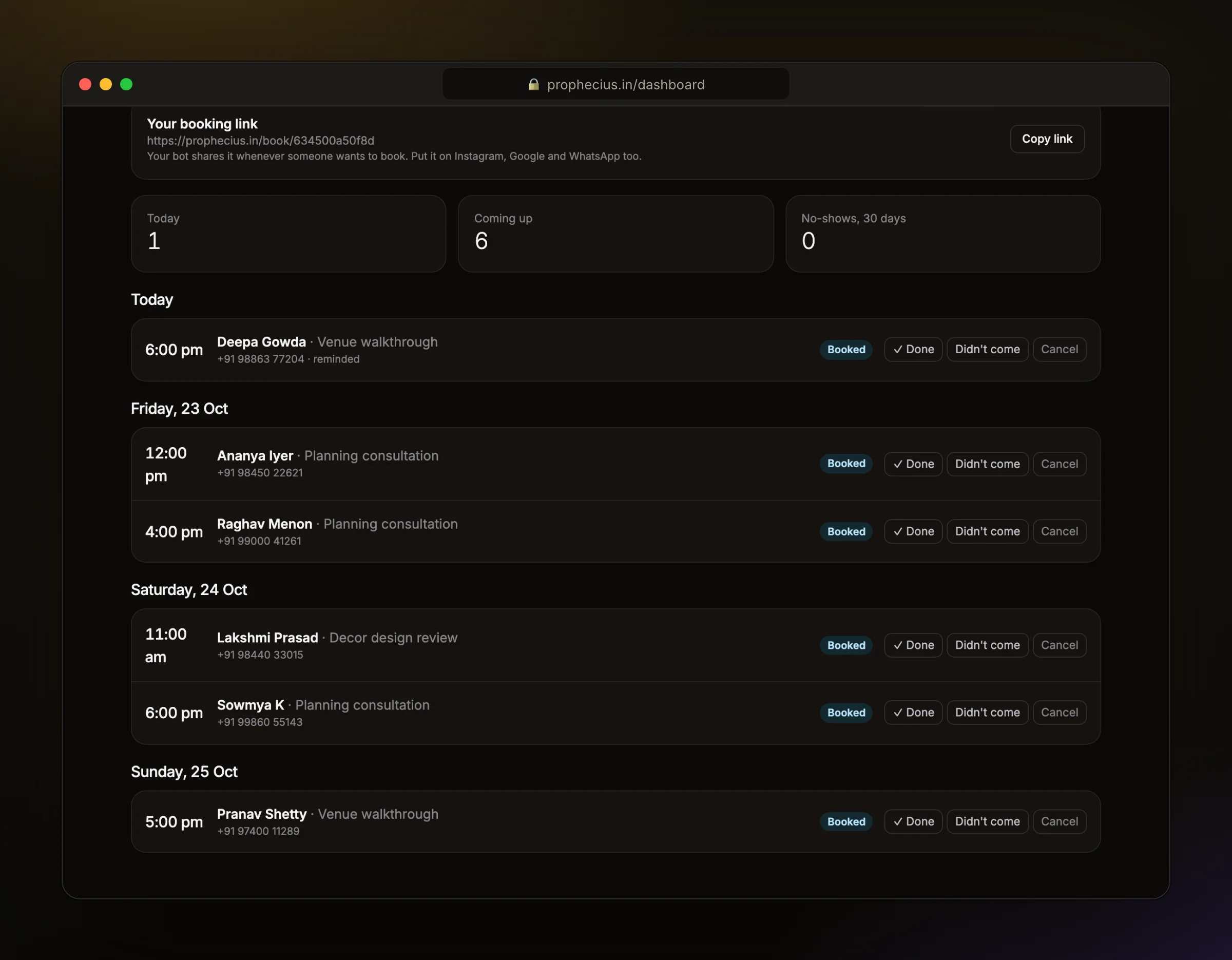 The Ora Bookings page with planning calls and walkthroughs