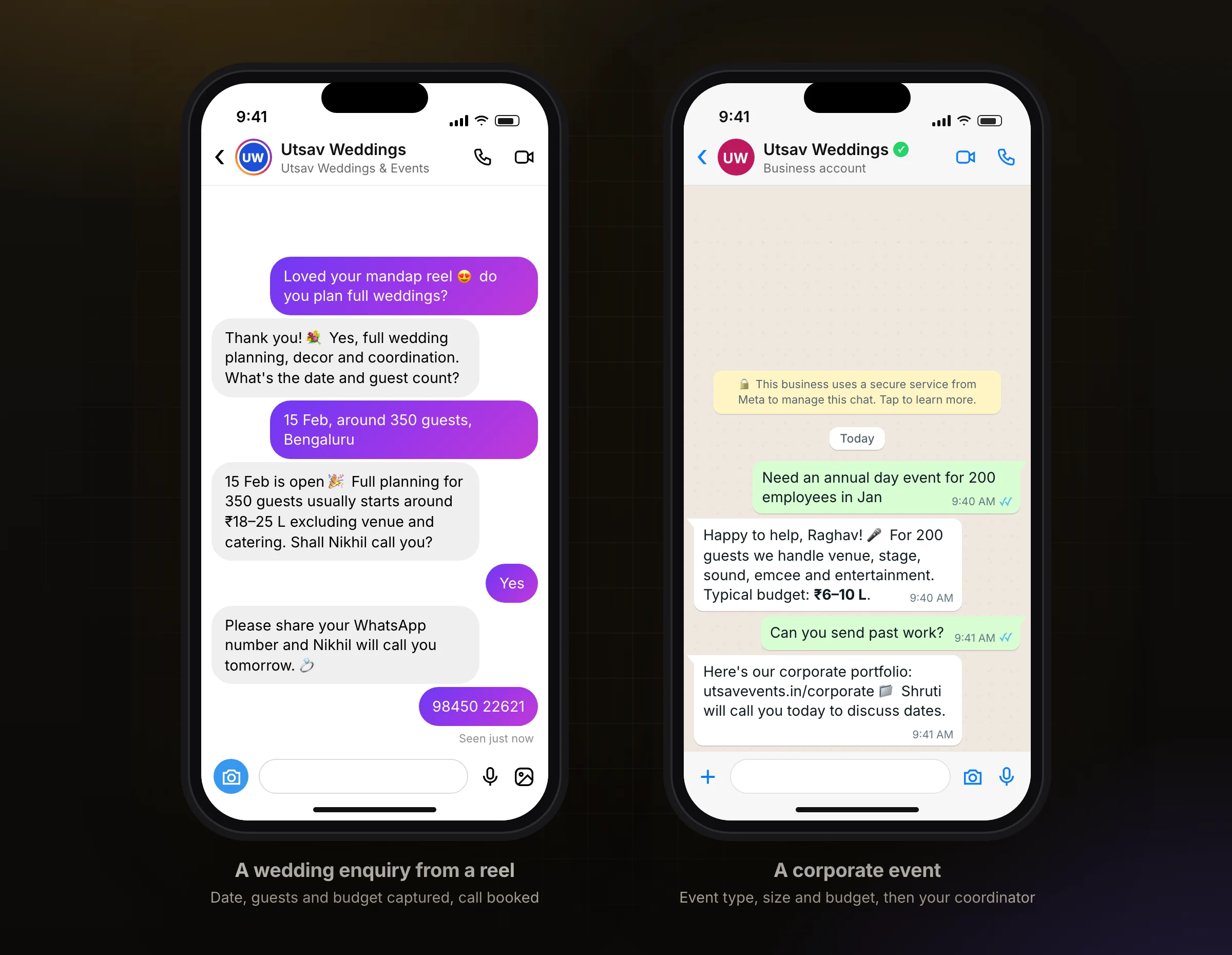A wedding enquiry from an Instagram reel, and a corporate event on WhatsApp