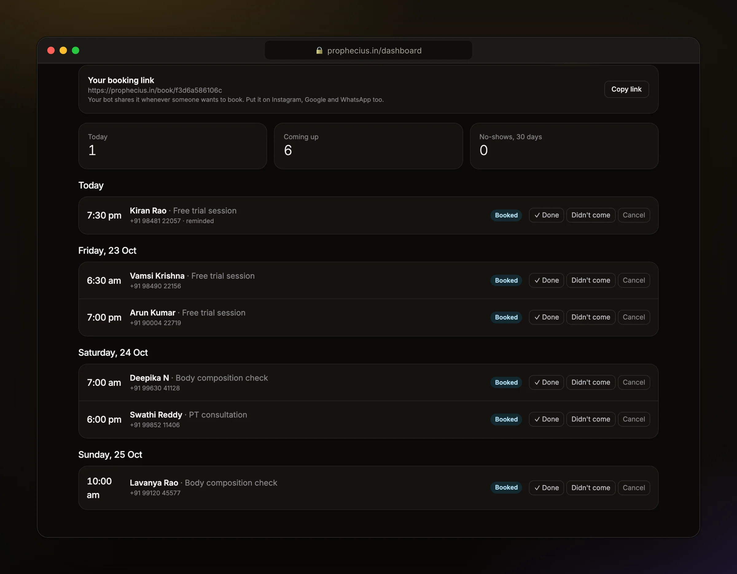 The Ora Bookings page with gym trial sessions