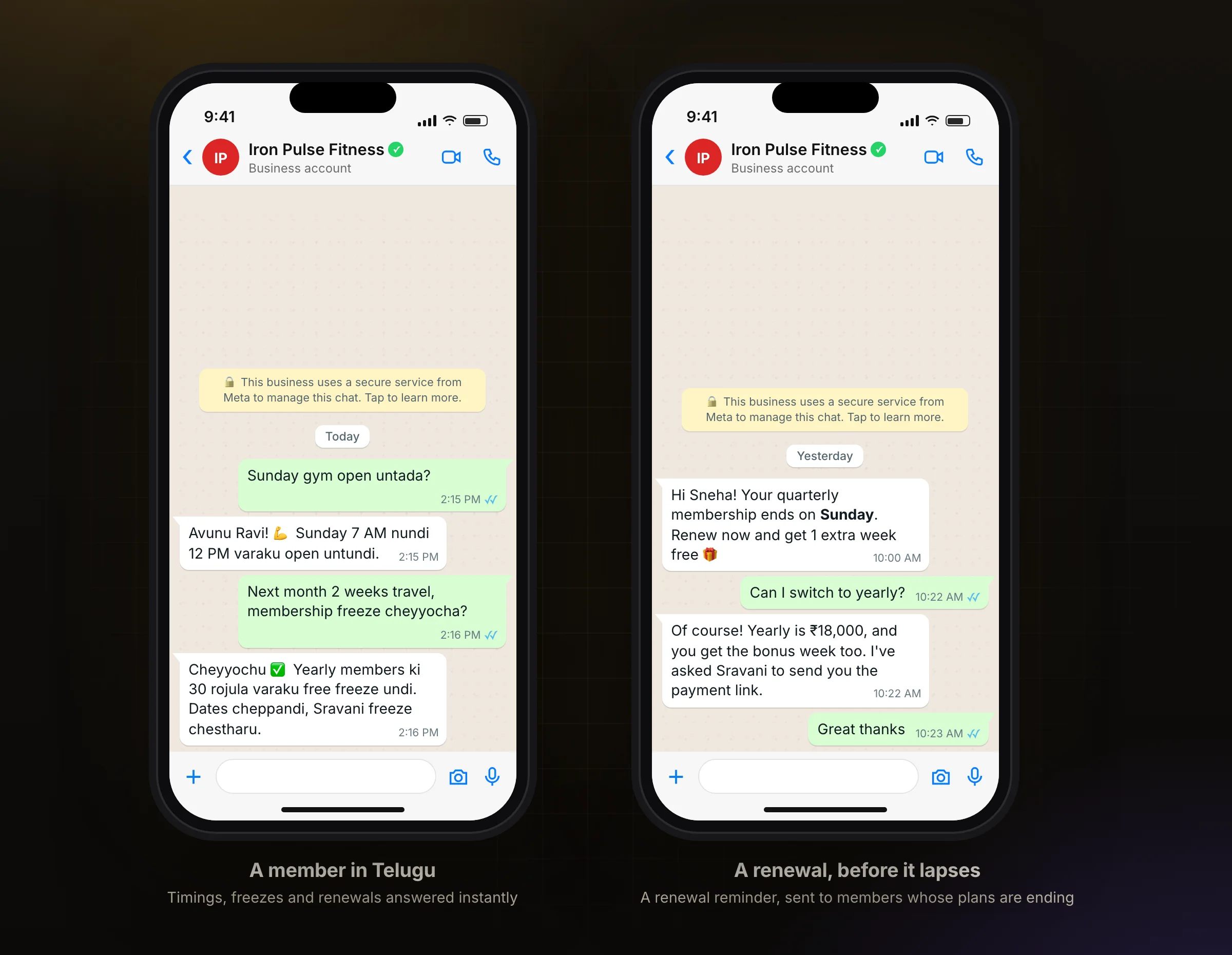 A member asking about Sunday timings in Telugu, and a renewal on WhatsApp