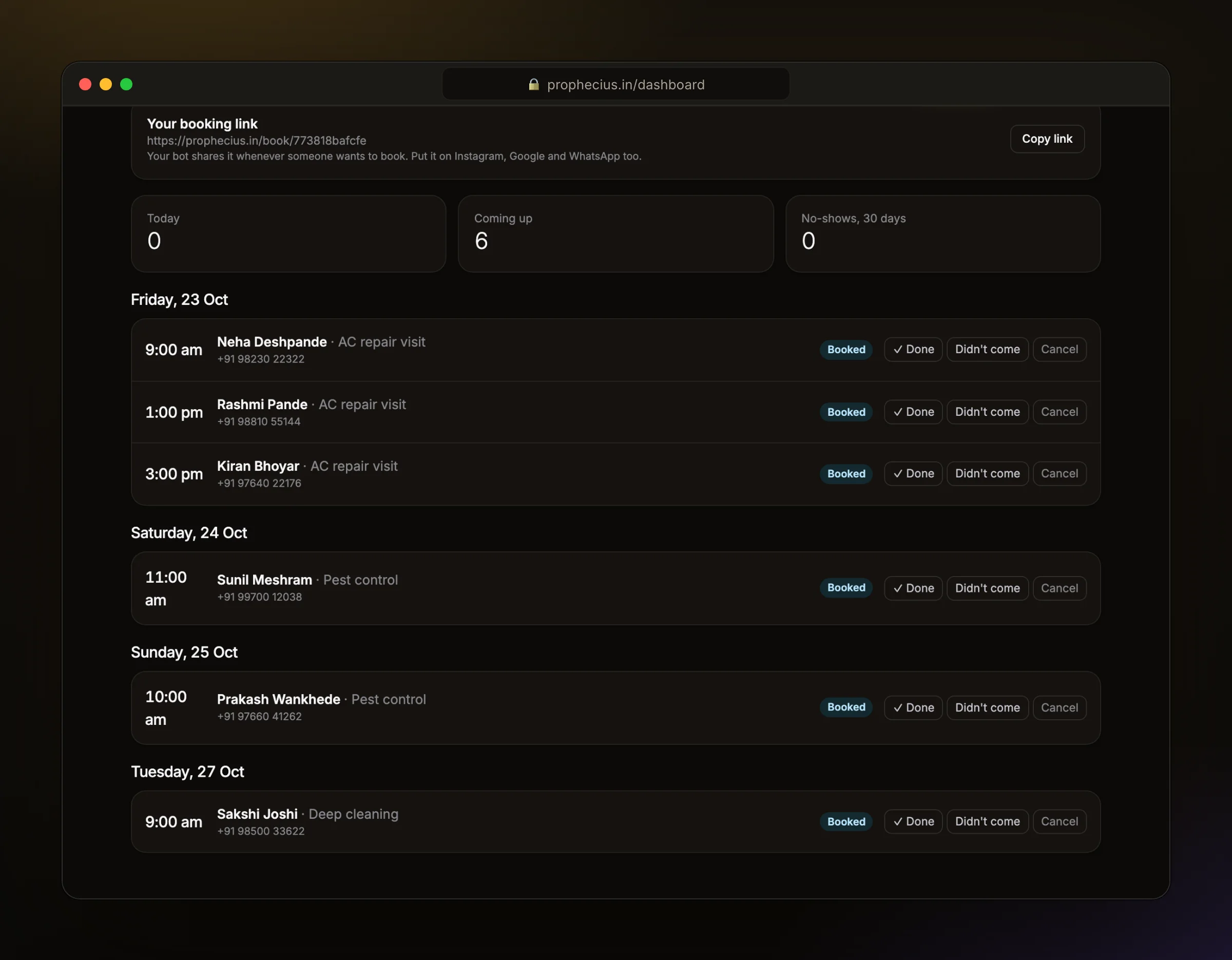 The Ora Bookings page with technician visits