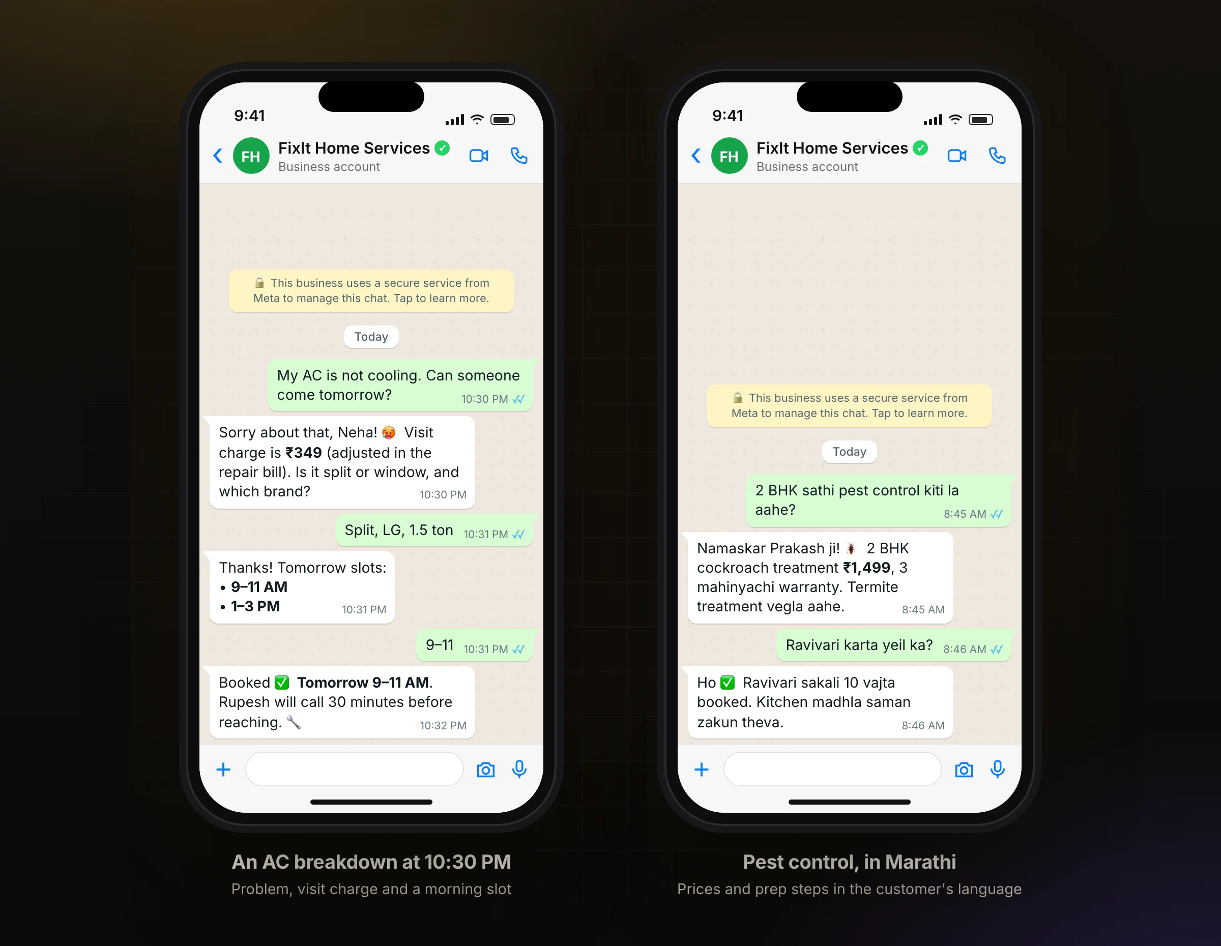 An AC repair booking on WhatsApp, and pest control in Marathi