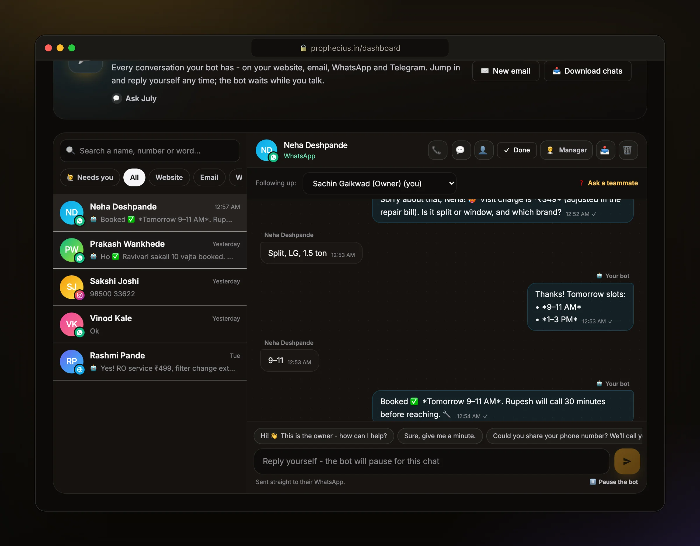 The Ora inbox at FixIt Home Services: WhatsApp, Instagram and website chats with customers in one place
