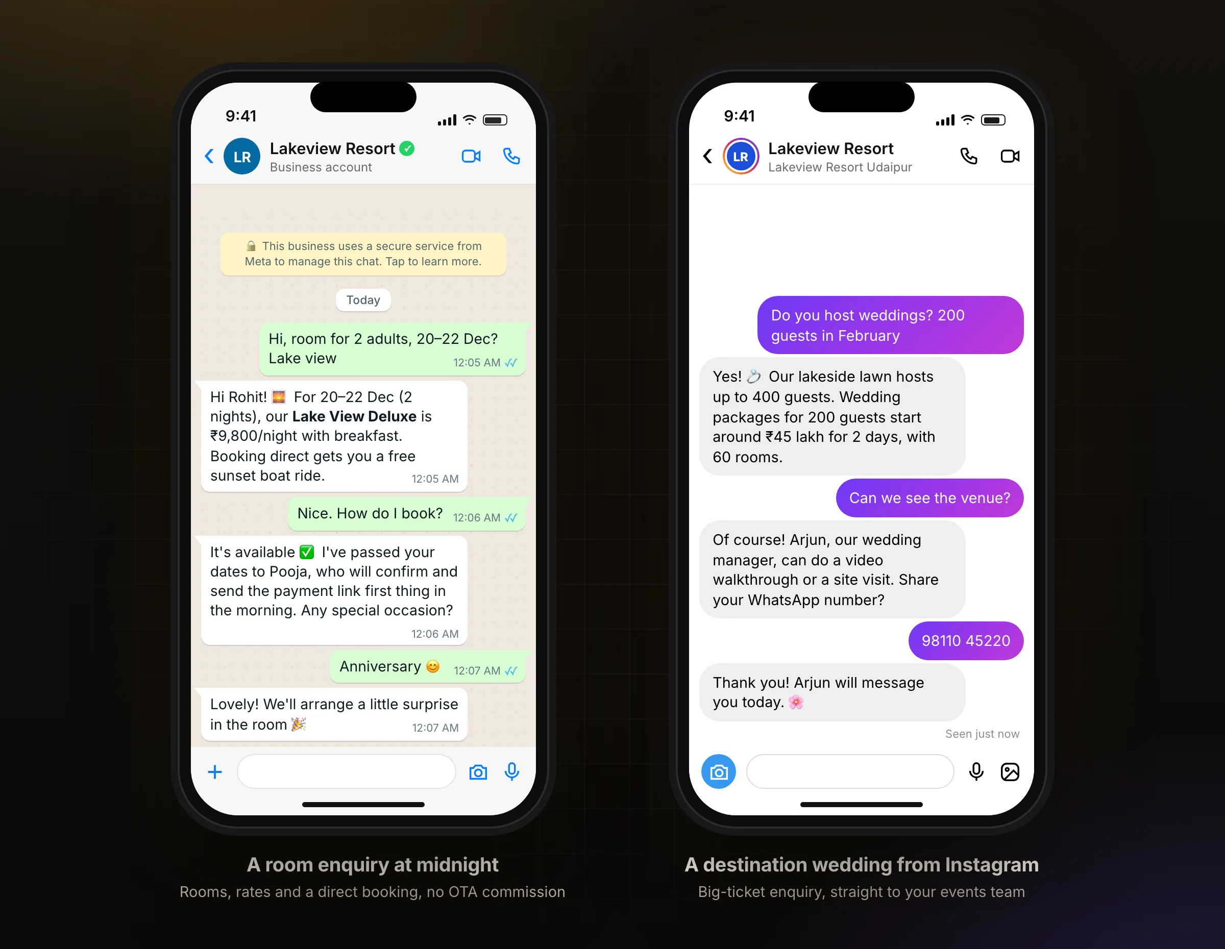 A room enquiry at midnight on WhatsApp, and a destination wedding enquiry on Instagram