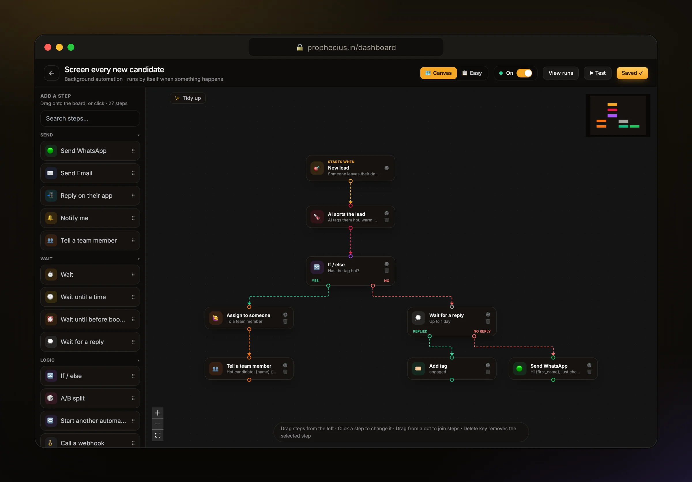 The Ora automation canvas: AI sorts each new candidate, hot ones go to a recruiter, the rest get a follow-up