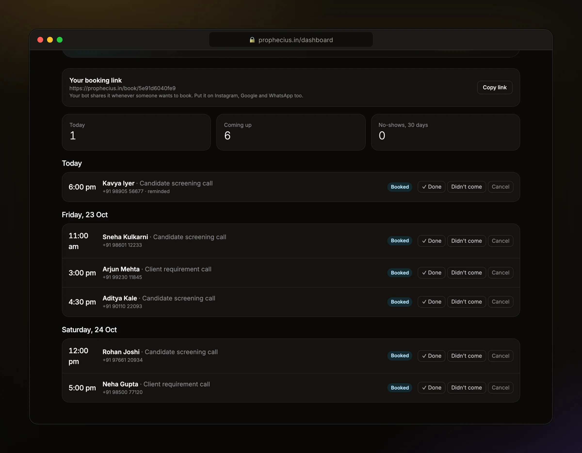 The Ora Bookings page showing screening calls and client calls for the next few days