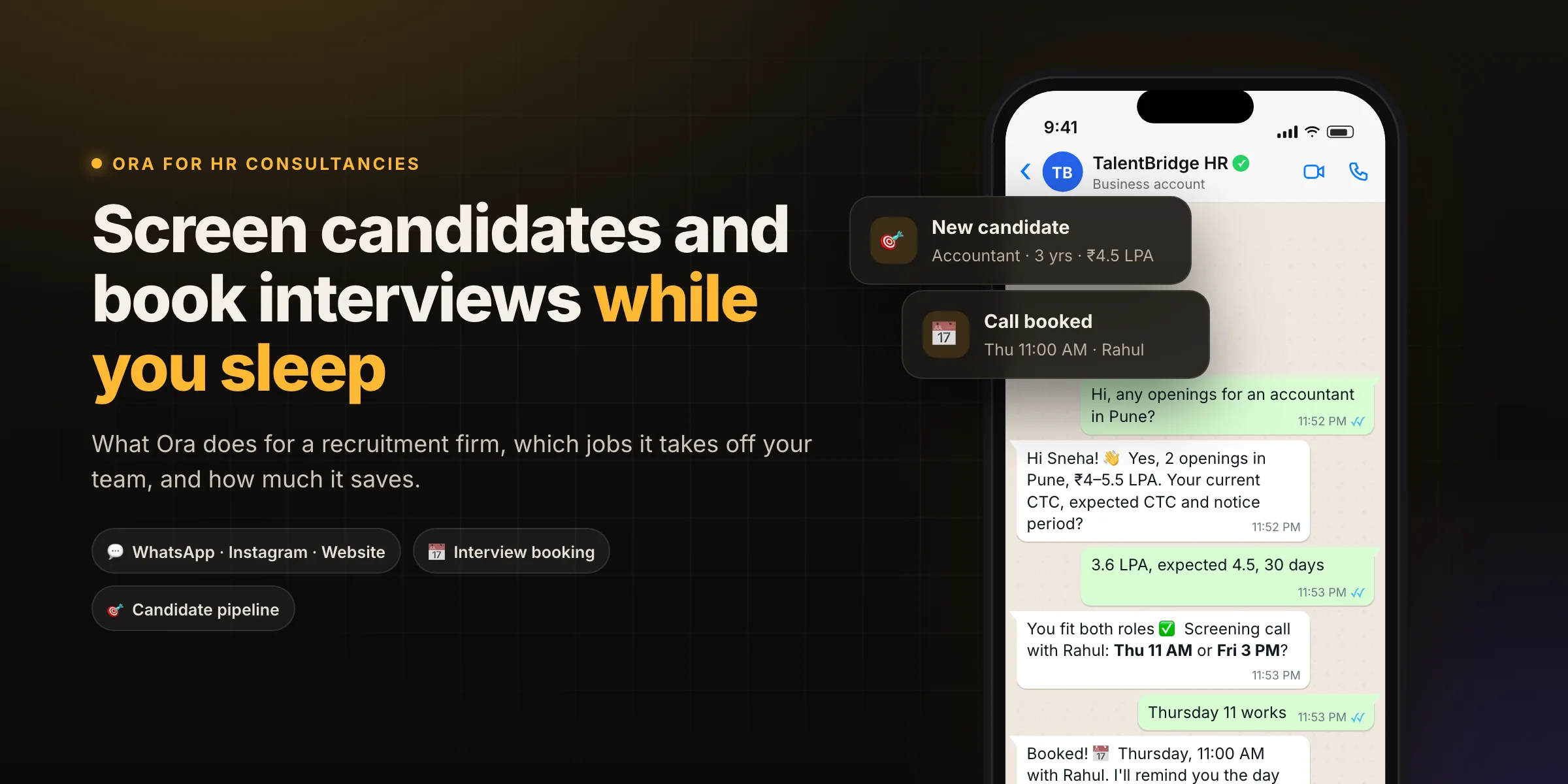 Ora screening a candidate on WhatsApp at night and booking a call with a recruiter