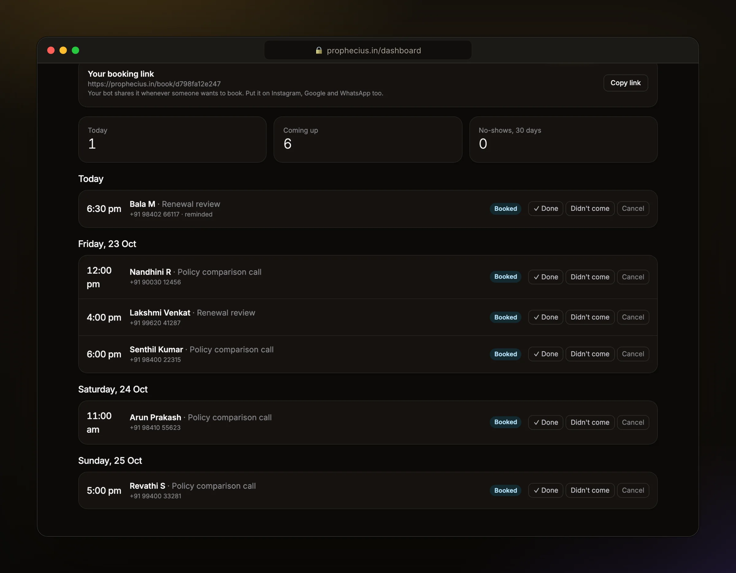 The Ora Bookings page with insurance advisor calls