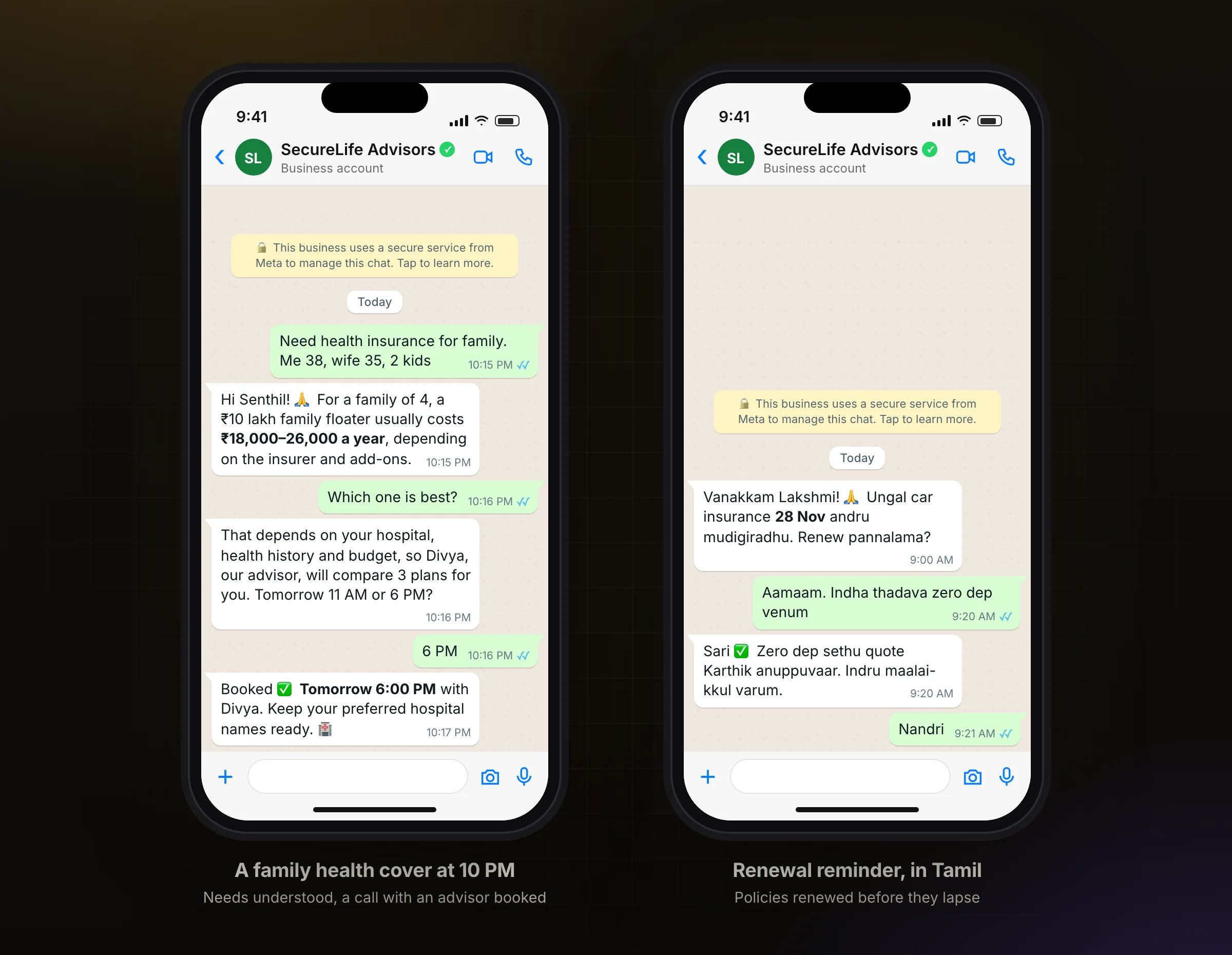 A family health insurance enquiry on WhatsApp, and a renewal reminder in Tamil