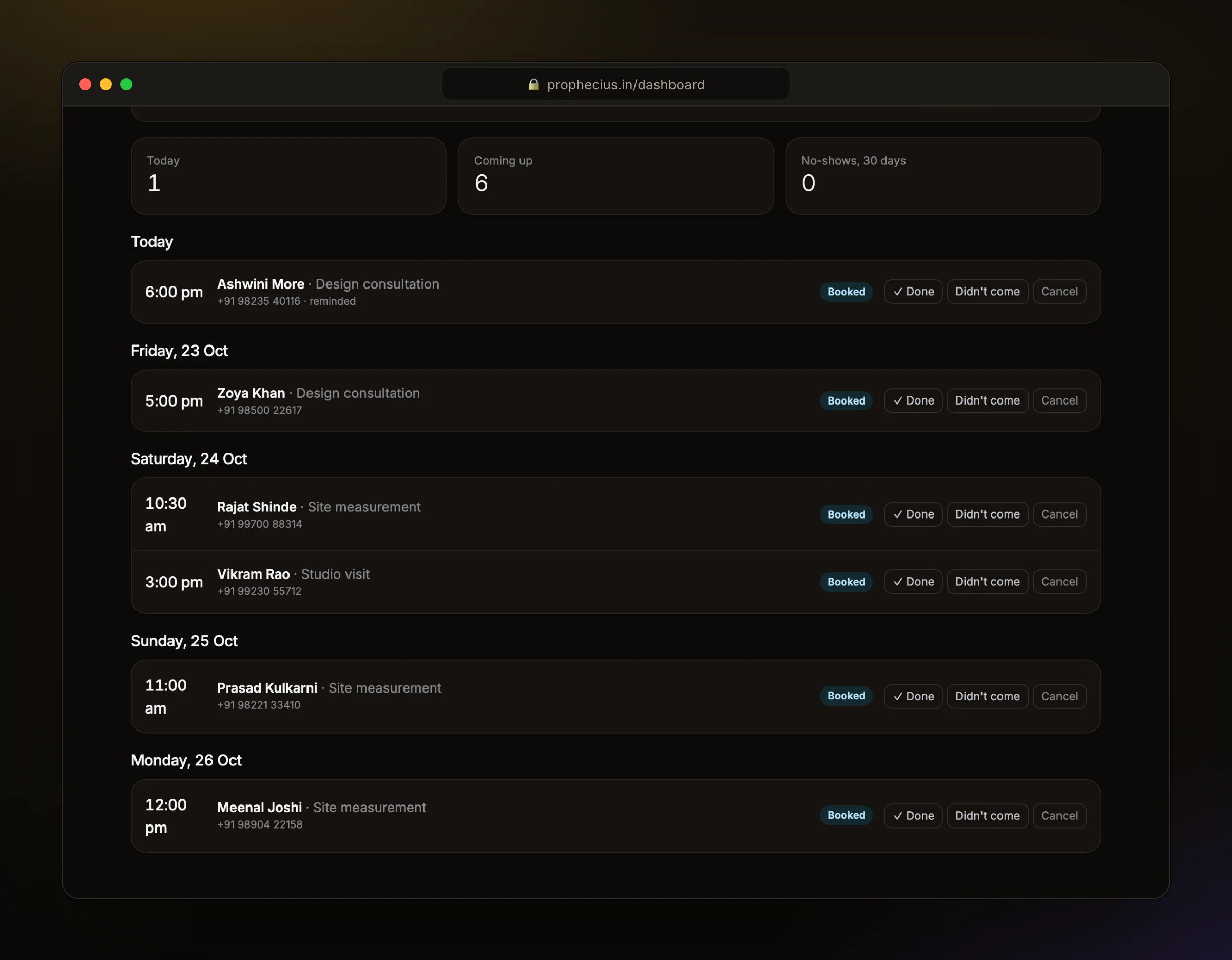The Ora Bookings page with site measurements