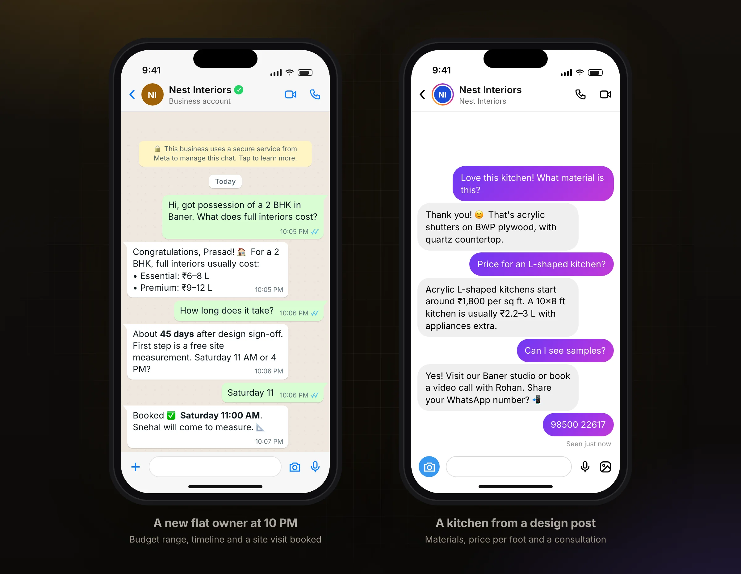 A 2 BHK interiors enquiry on WhatsApp, and a kitchen enquiry on Instagram