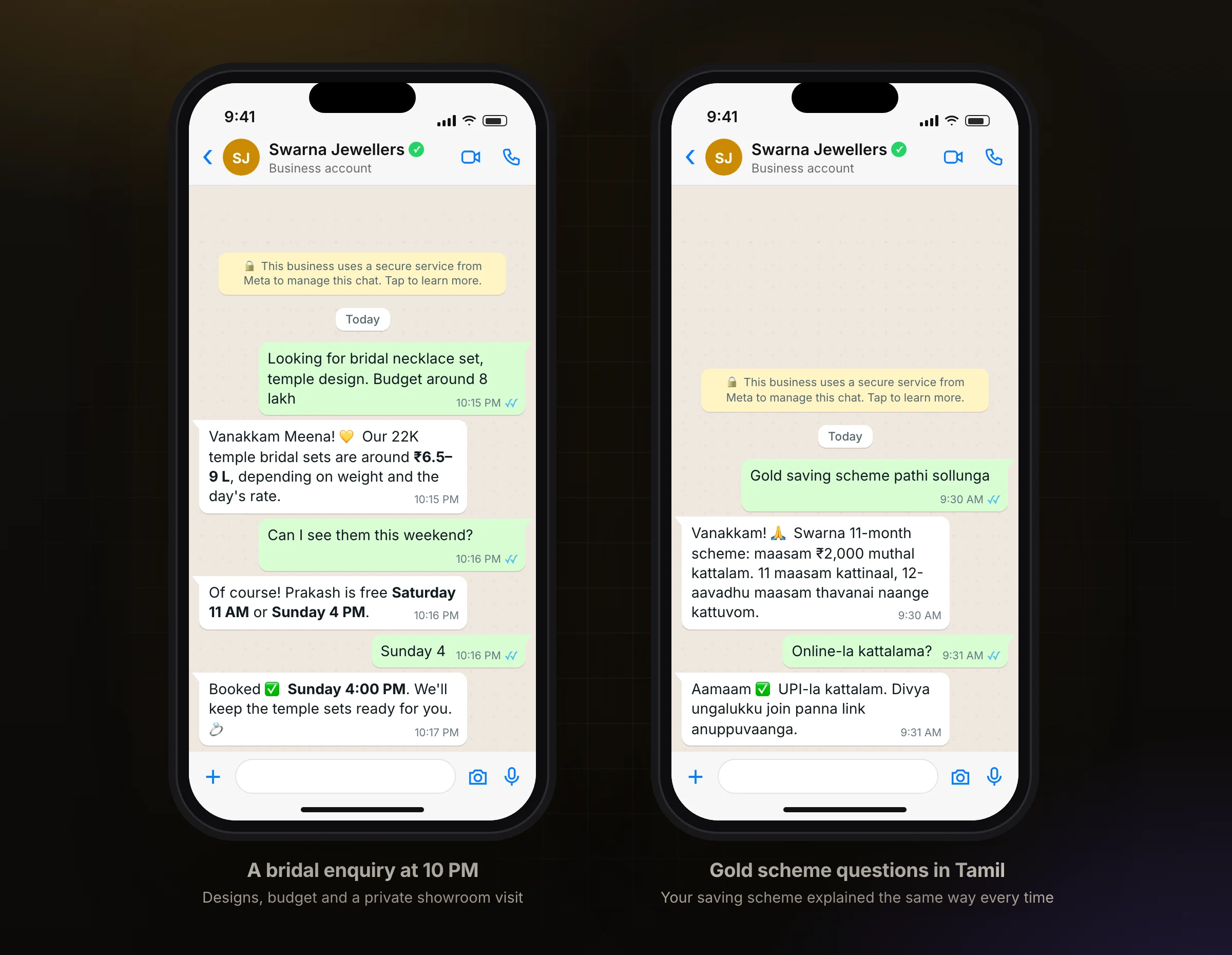 A bridal necklace enquiry on WhatsApp, and a gold scheme question in Tamil