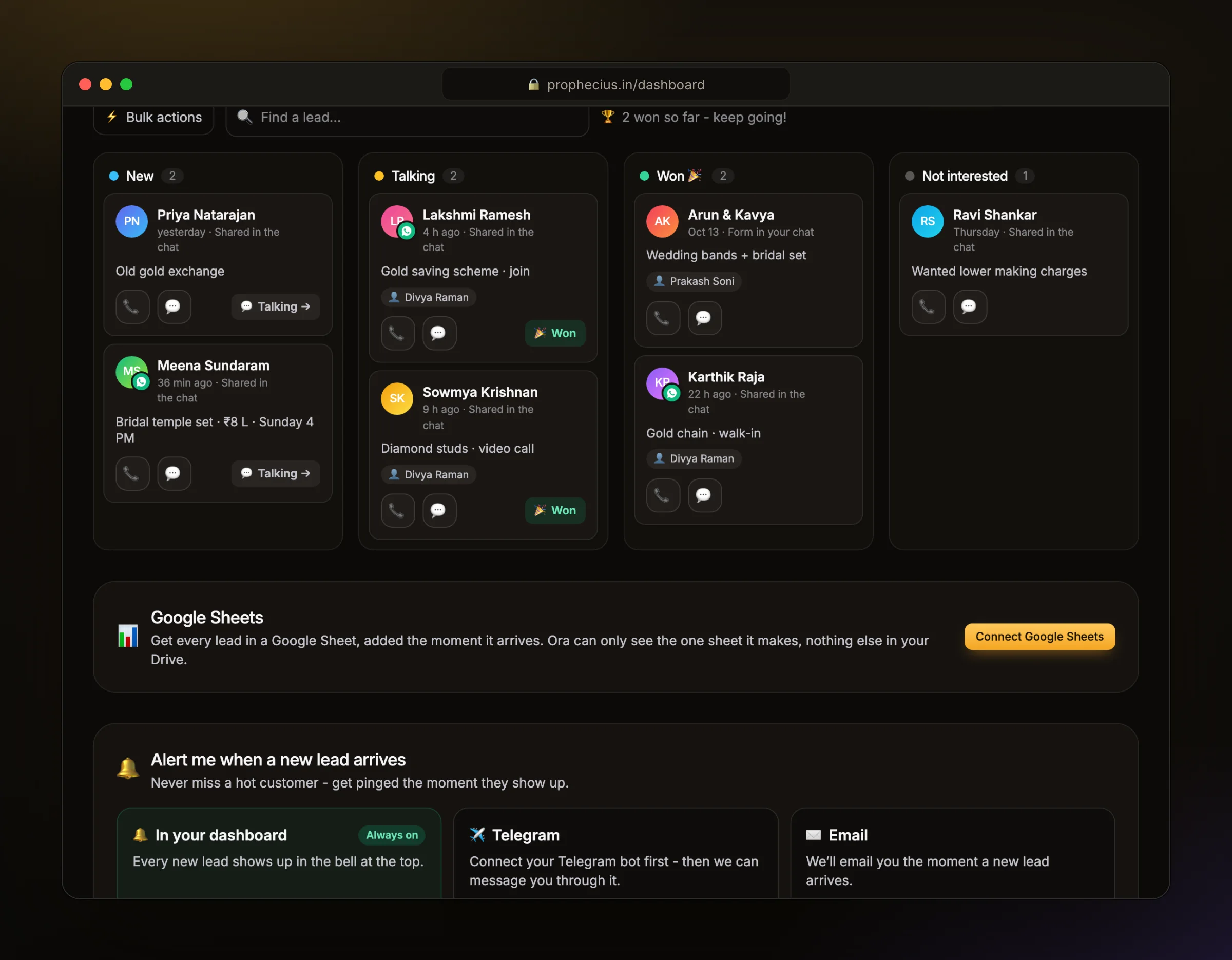 The Ora Leads board with jewellery enquiries