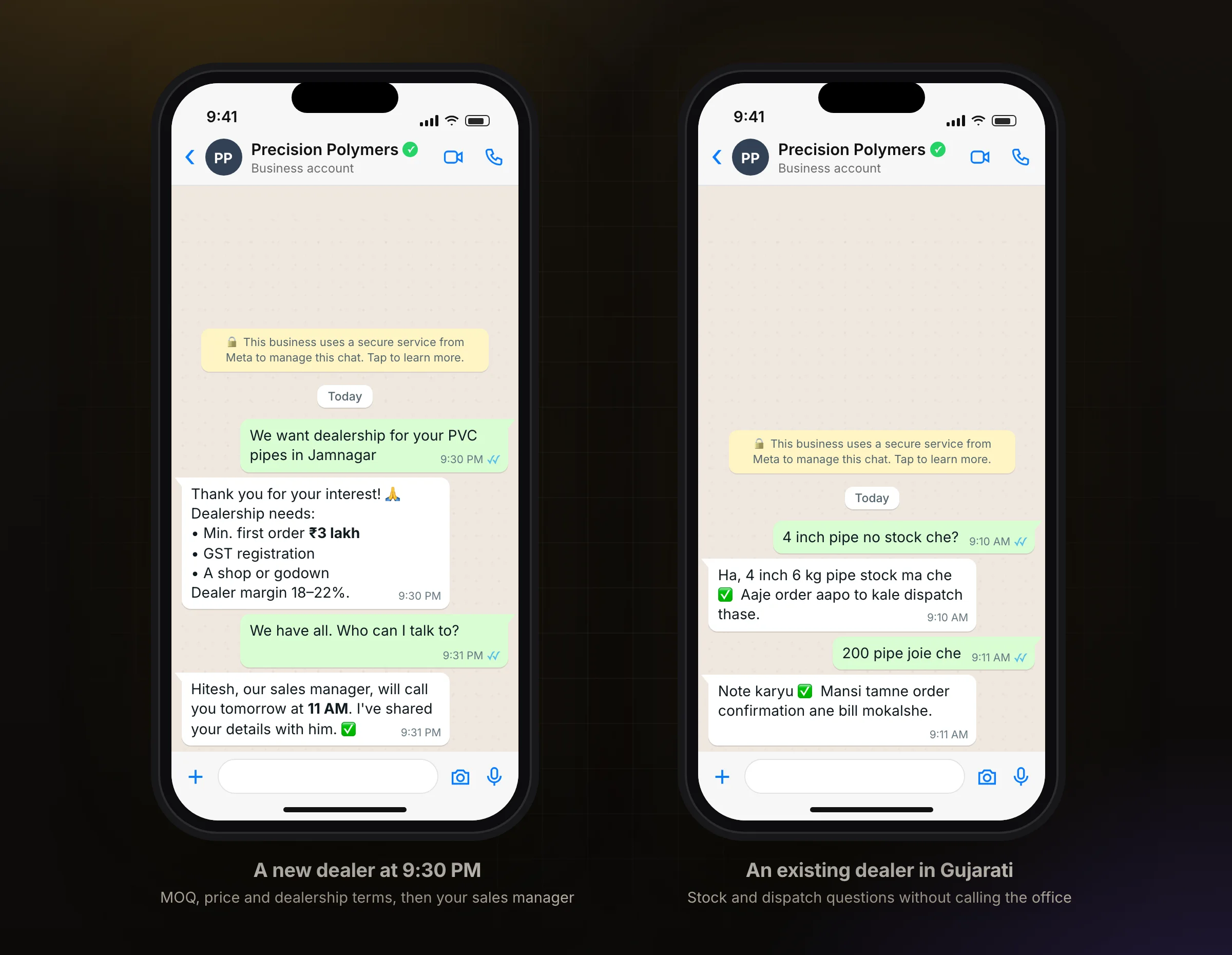 A dealership enquiry on WhatsApp, and a dealer asking about stock in Gujarati