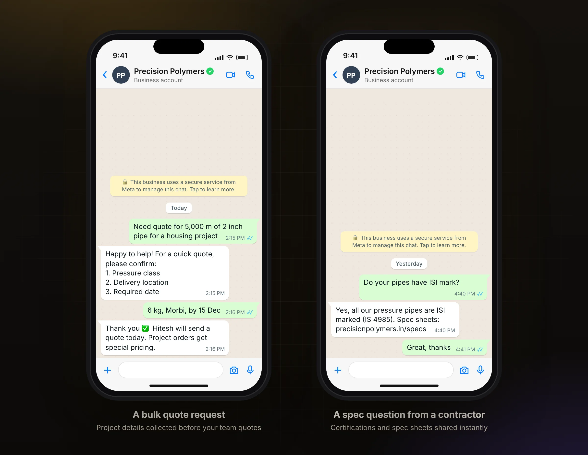 A bulk quote request and a spec question on WhatsApp