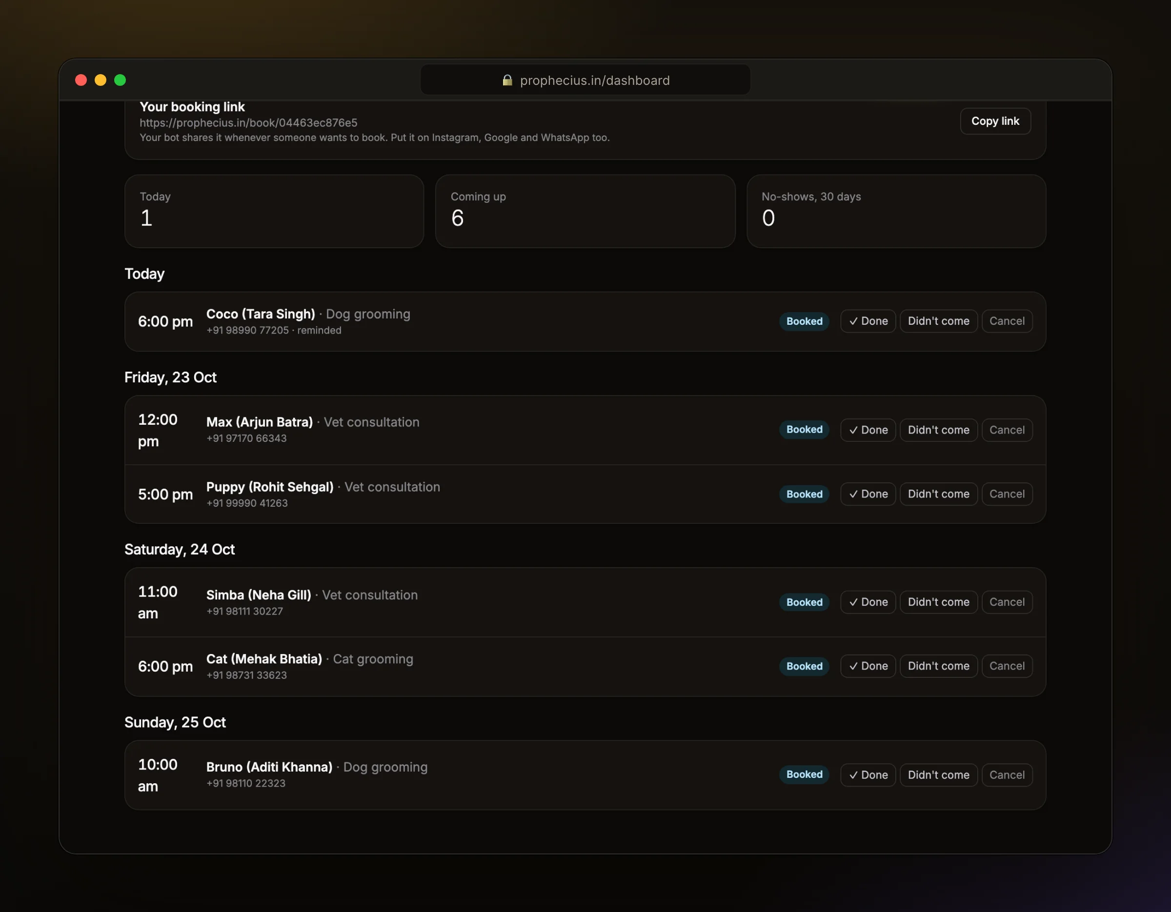 The Ora Bookings page with grooming and vet appointments