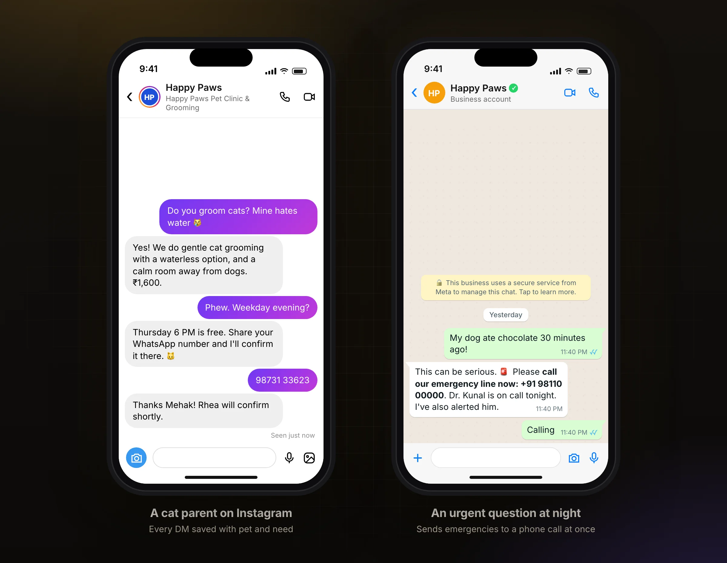 A cat grooming DM on Instagram, and an emergency routed to a phone call