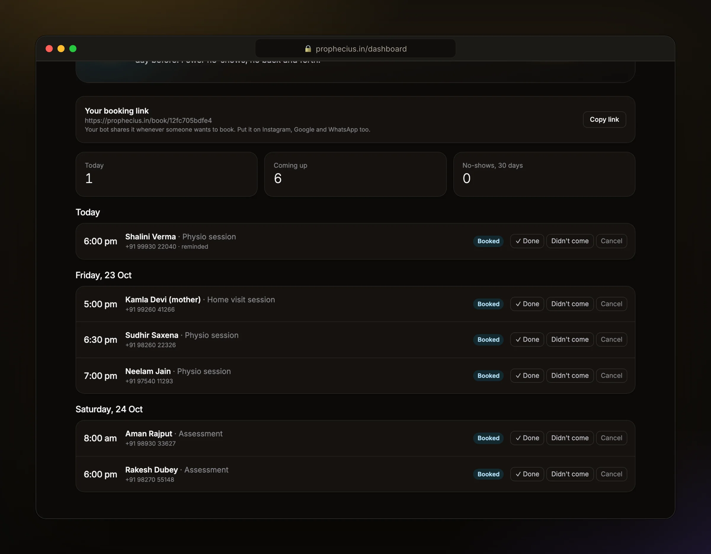 The Ora Bookings page with physiotherapy sessions