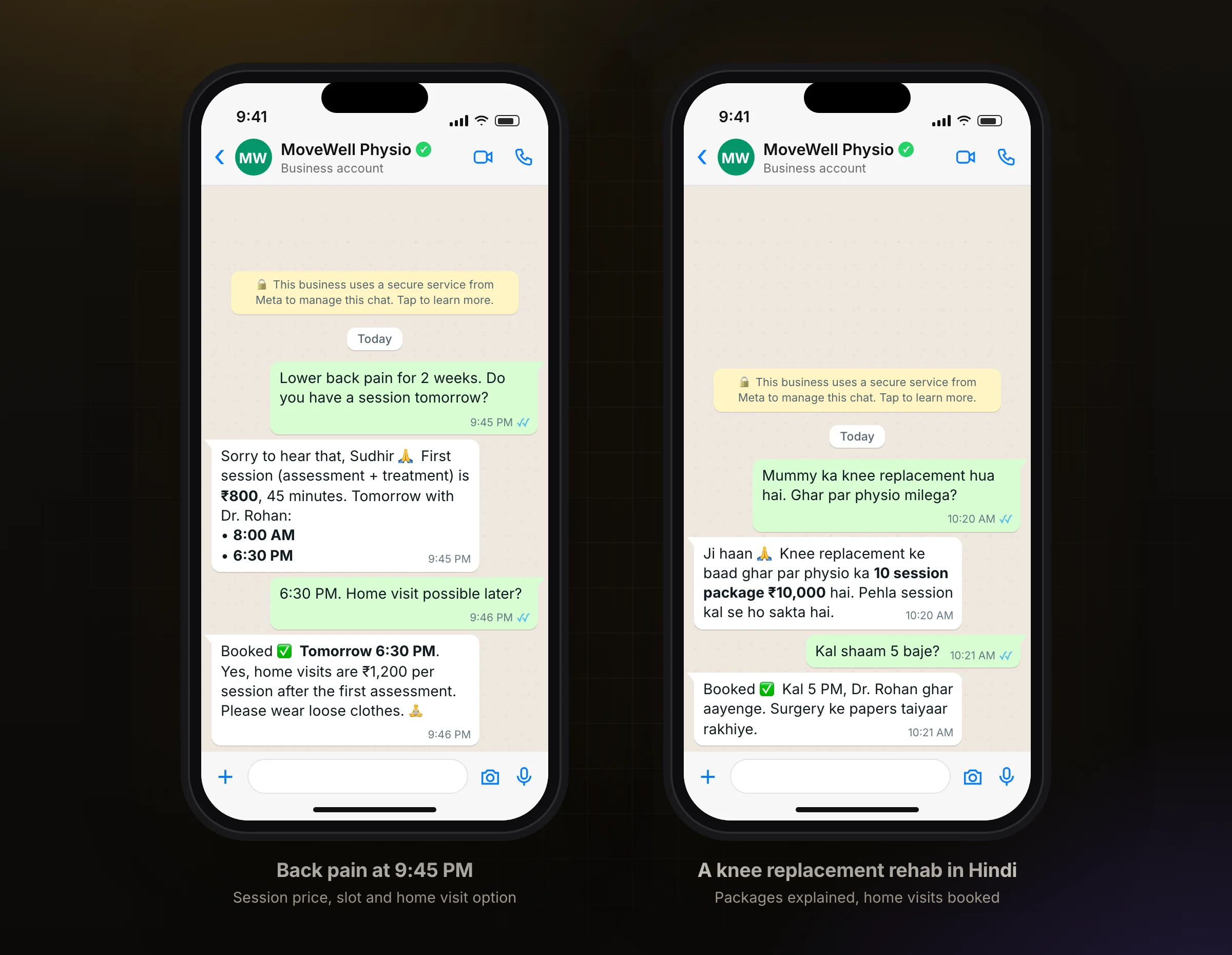 A back pain booking on WhatsApp, and a knee rehab home-visit package in Hindi