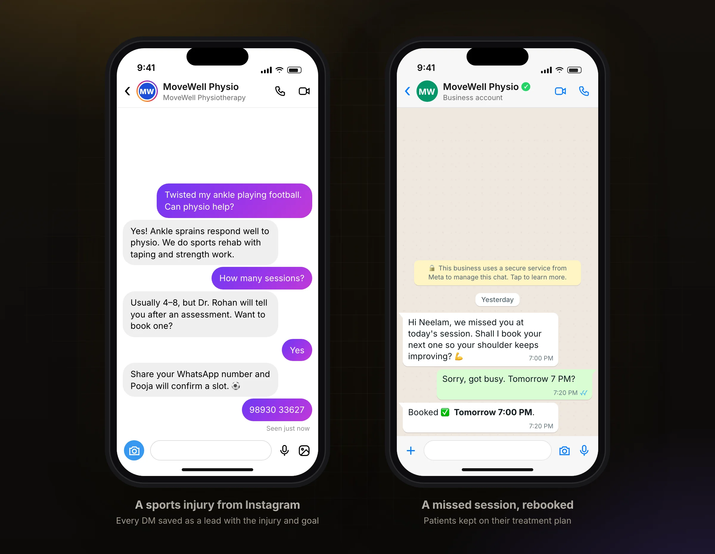 A sports injury DM on Instagram, and a missed session rebooked on WhatsApp