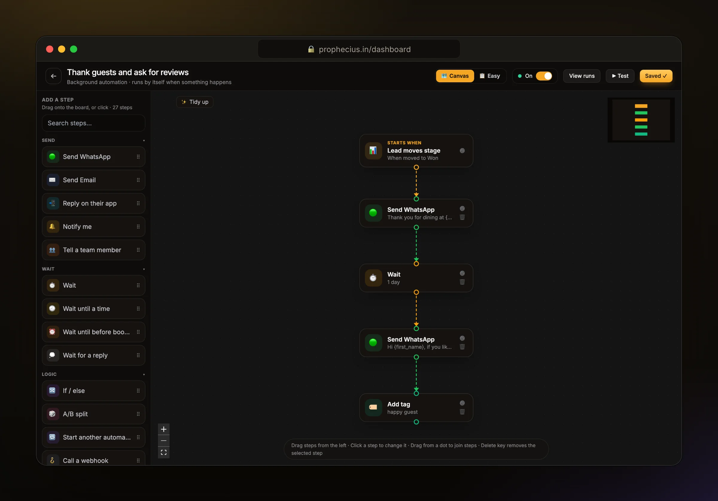 An Ora automation that thanks guests and asks for a review