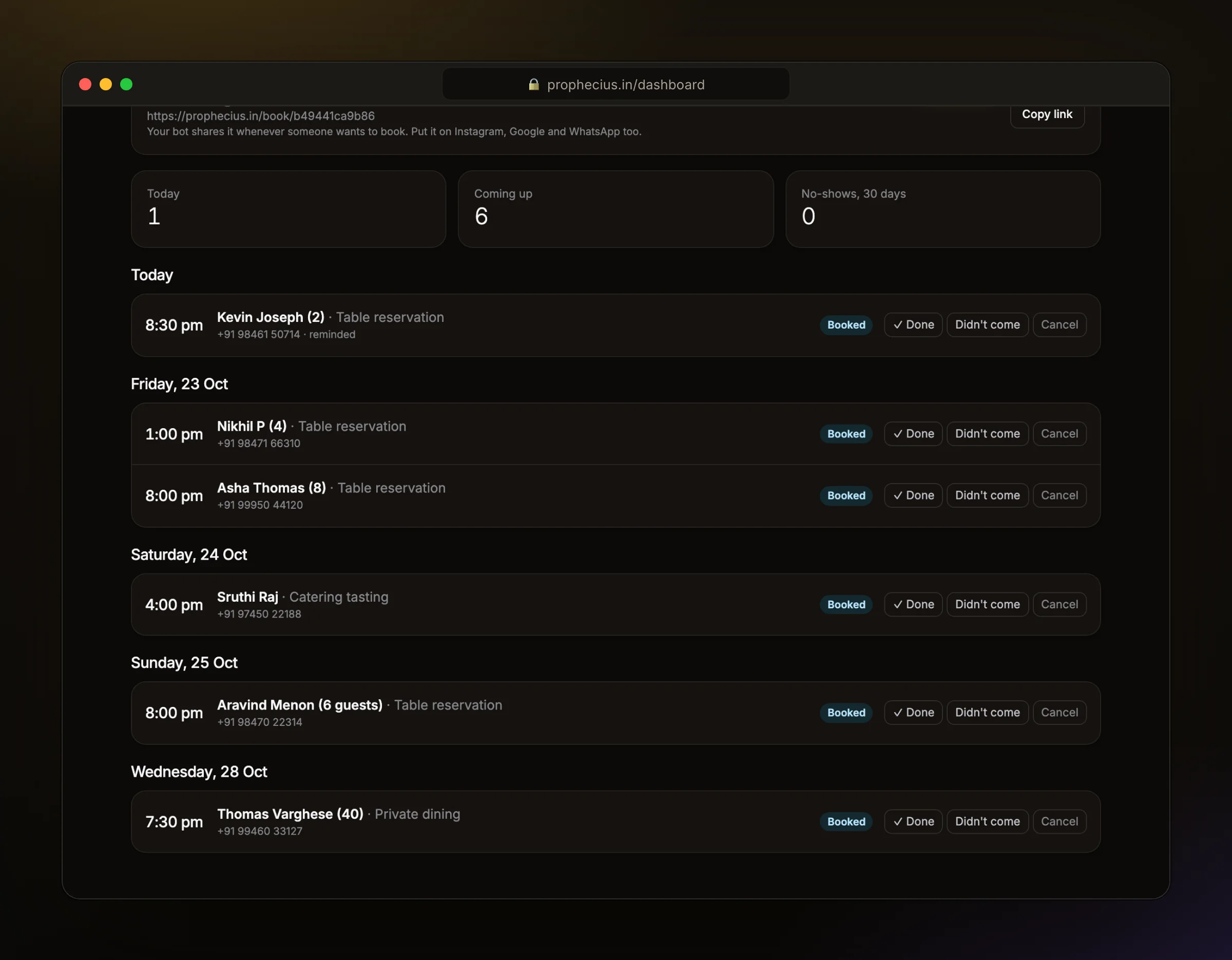 The Ora Bookings page with table reservations