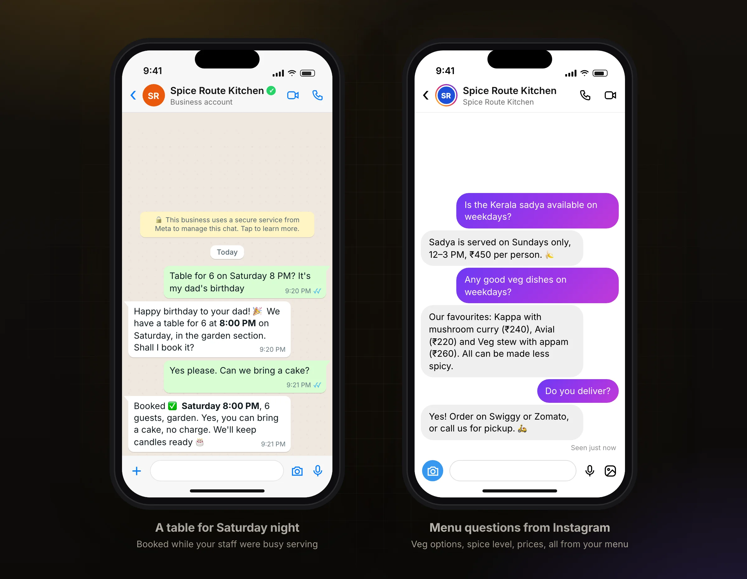 A birthday table booking on WhatsApp, and menu questions on Instagram