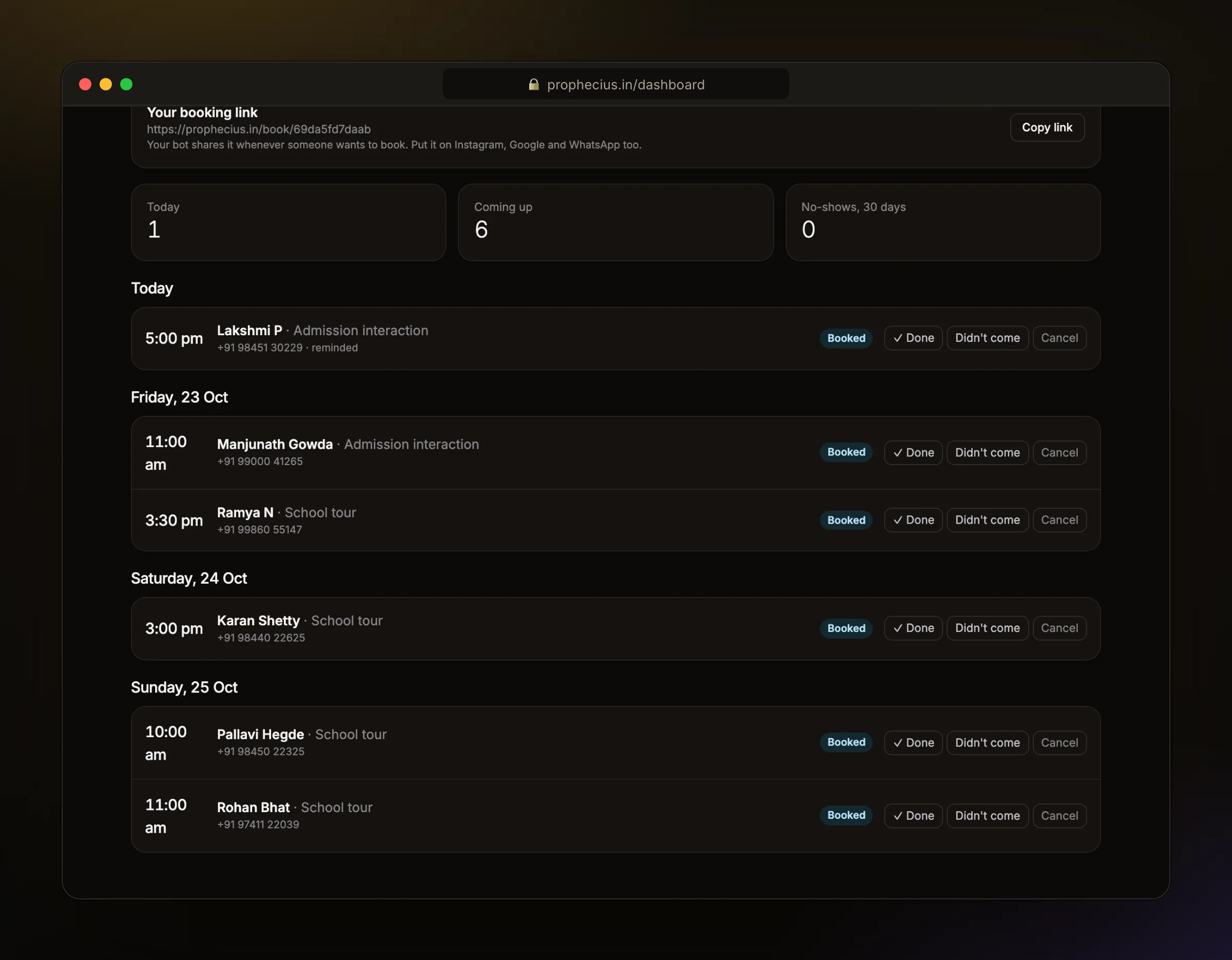 The Ora Bookings page with school tours