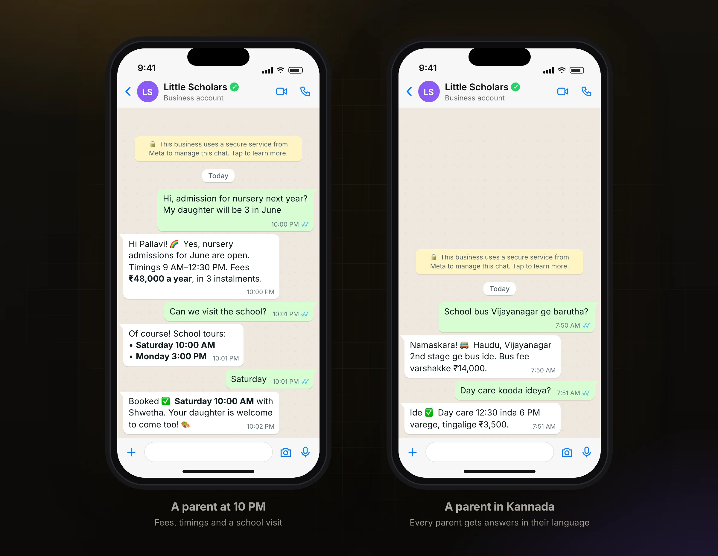 A nursery admission enquiry on WhatsApp, and a bus question in Kannada