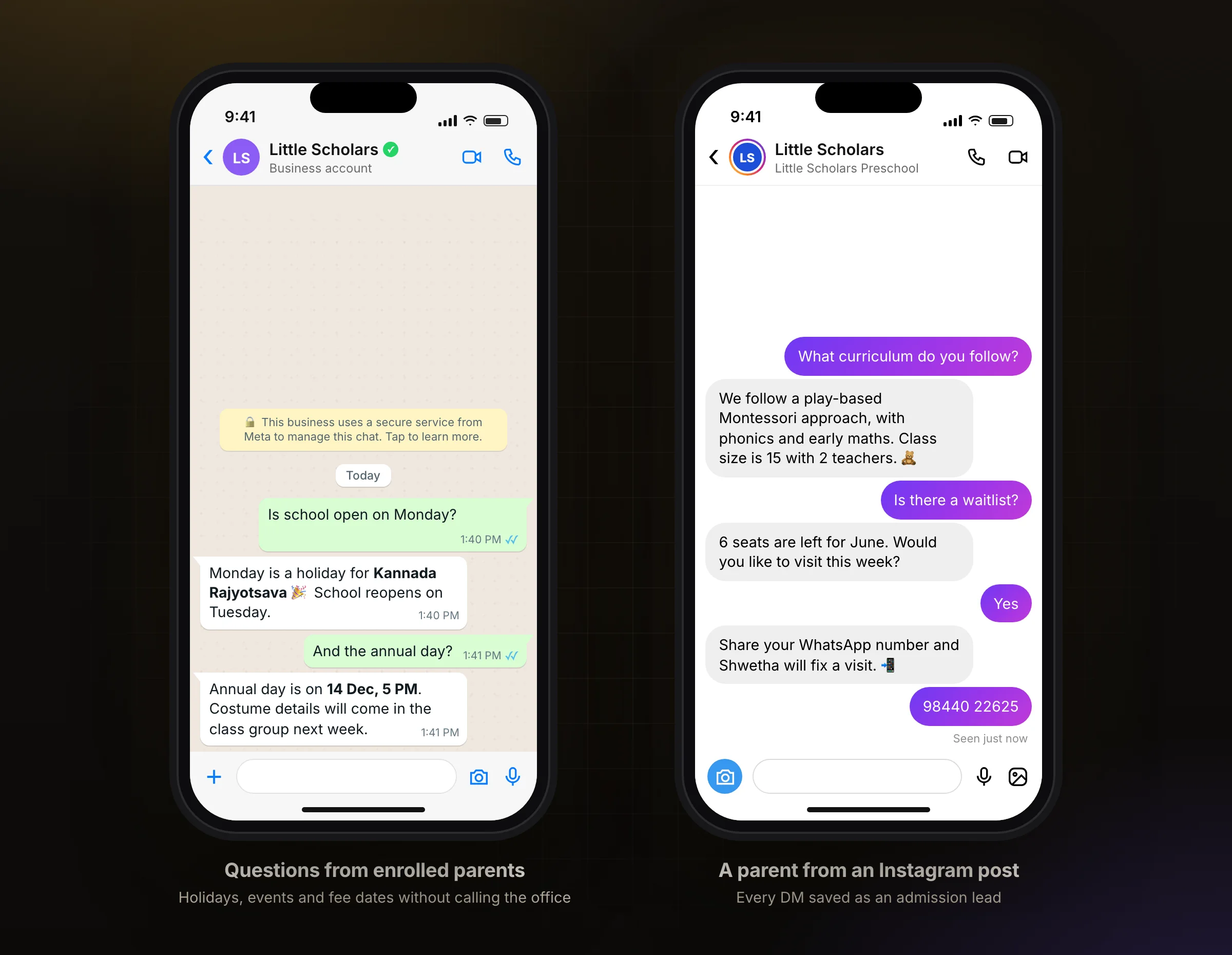 An enrolled parent asking about holidays, and a parent asking about the curriculum on Instagram