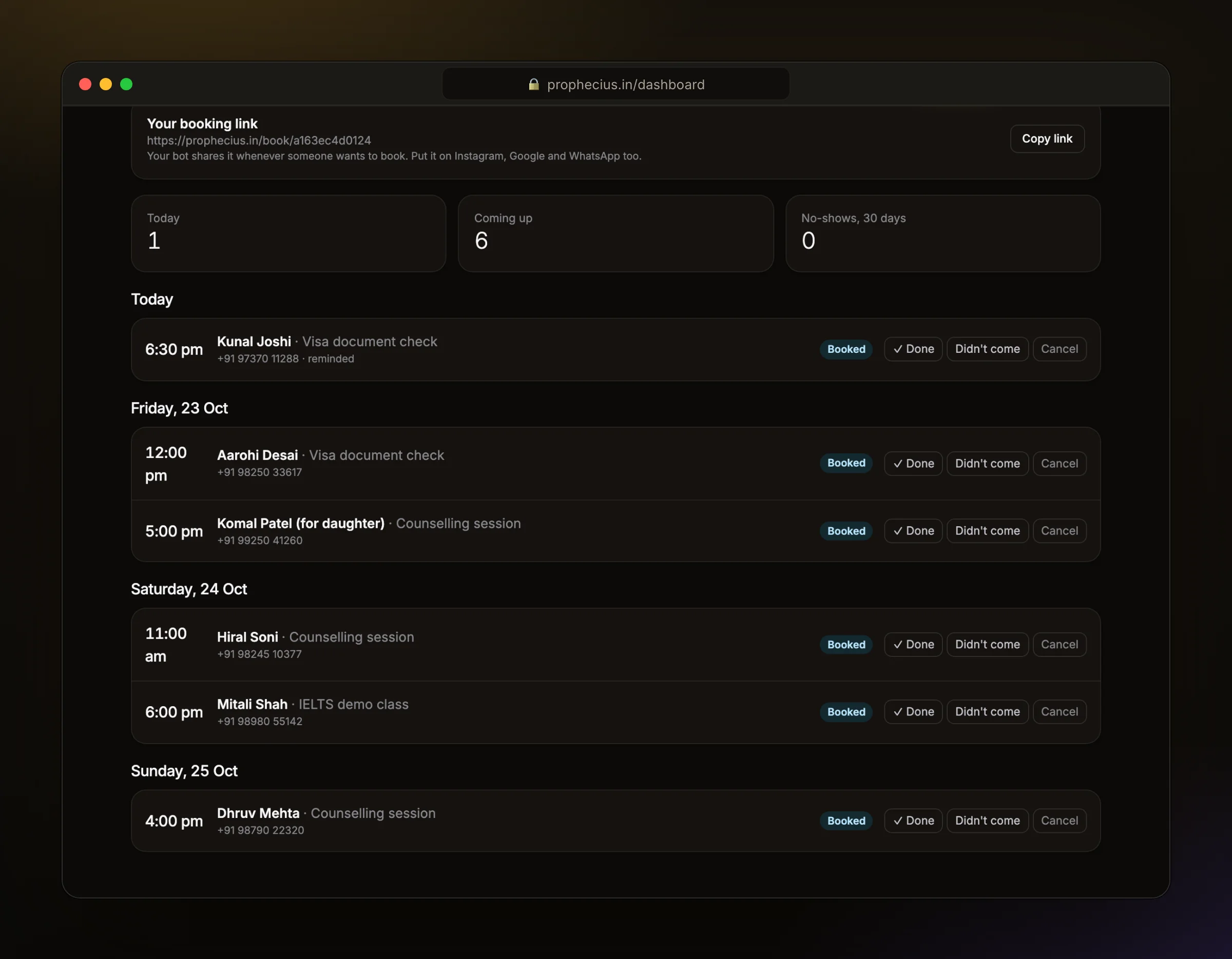 The Ora Bookings page with counselling sessions