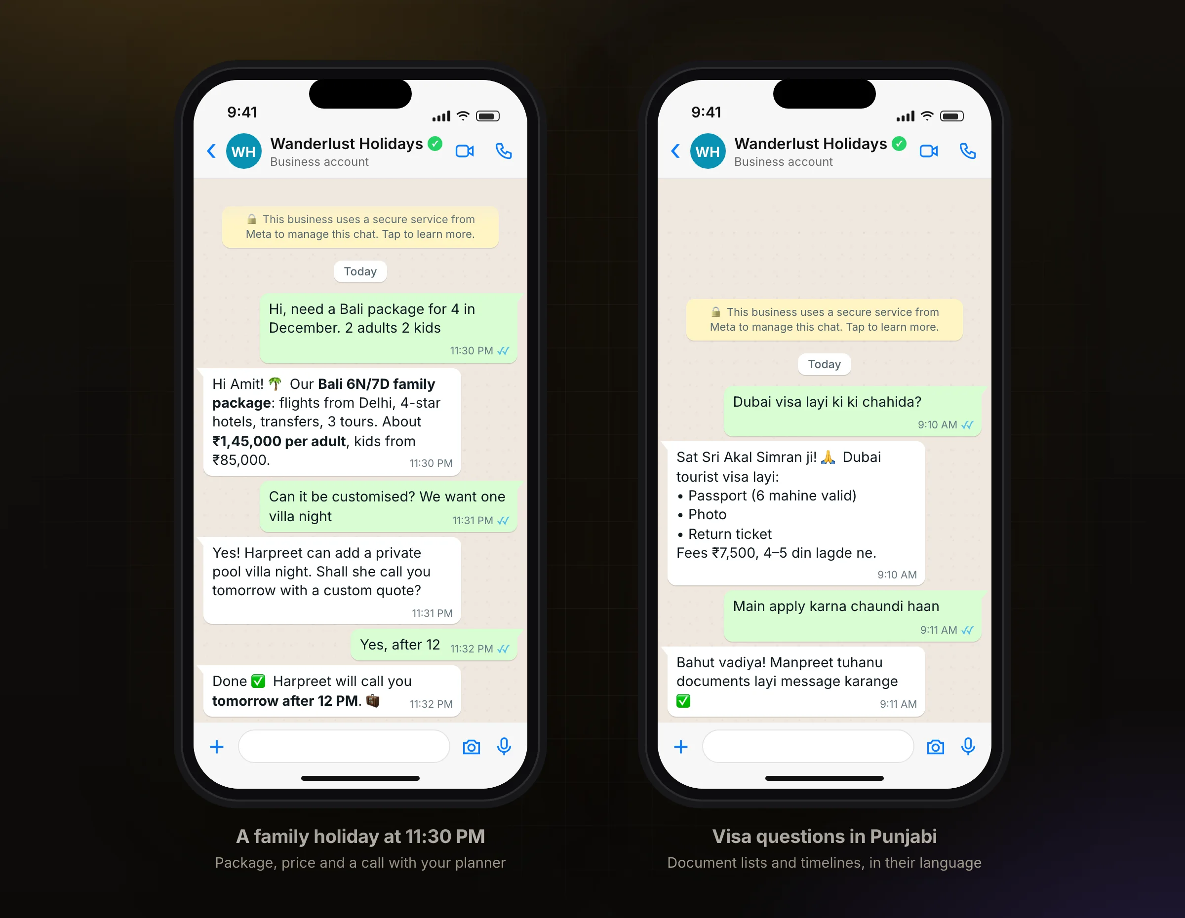 A Bali package enquiry on WhatsApp, and Dubai visa questions in Punjabi